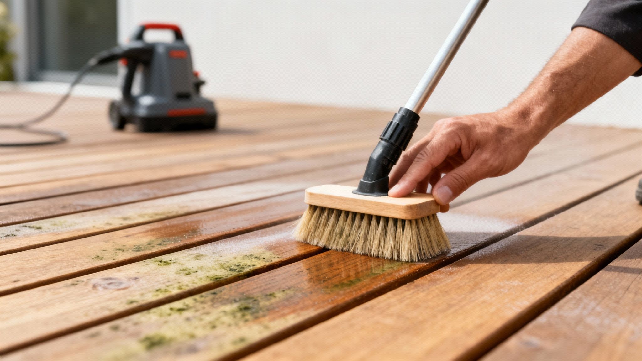 En person børster og rengør en træterrasse med vand og fjerner grønne alger. En højtryksrenser står i baggrunden.