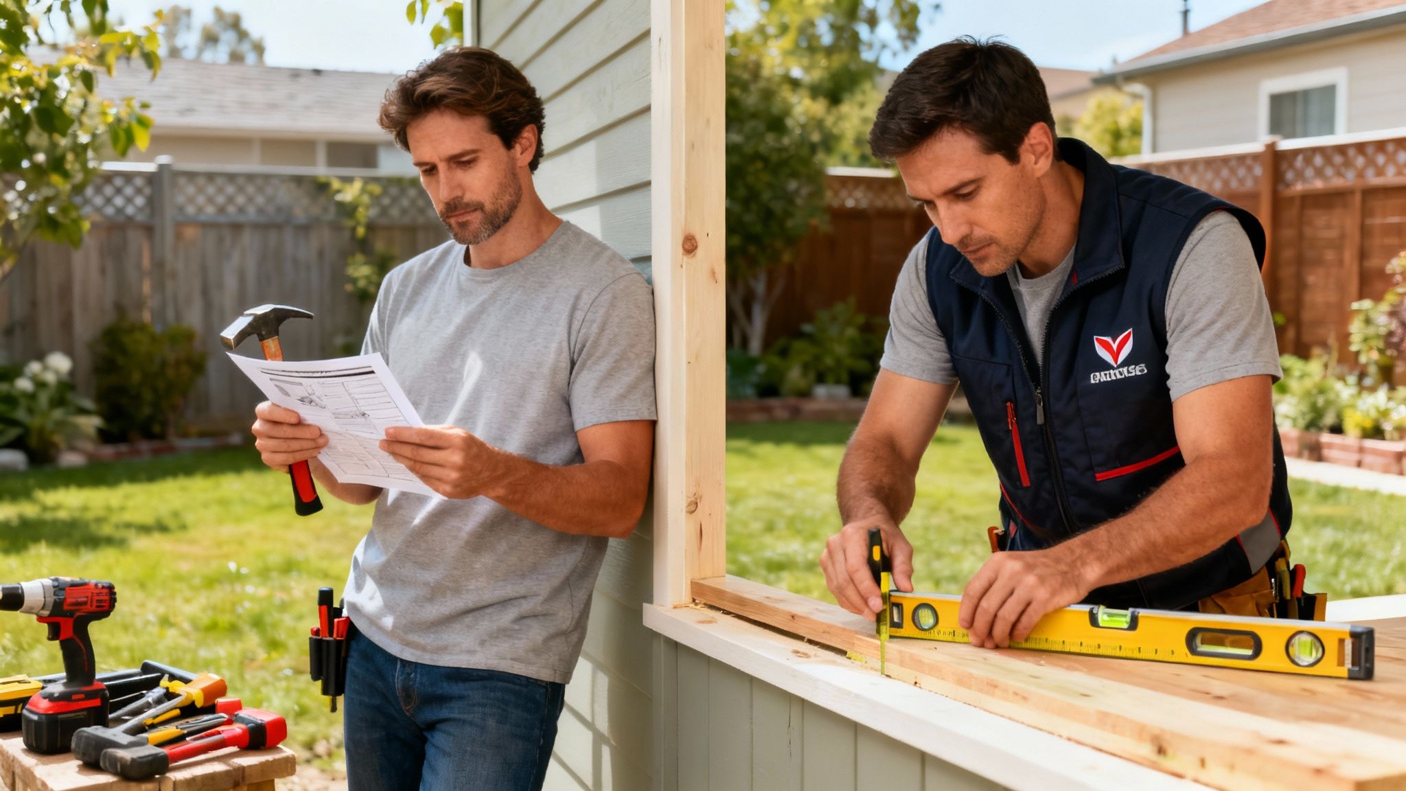 To håndværkere arbejder sammen om at bygge en træterrasse, hvilket viser professionalisme og samarbejde.