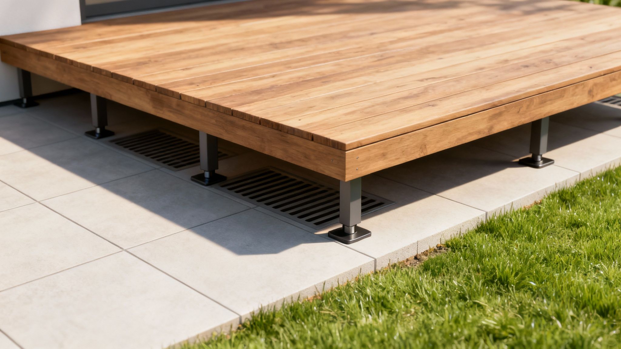 En moderne hævet træterrasse bygget på justerbare terrassefødder over et stabilt underlag.