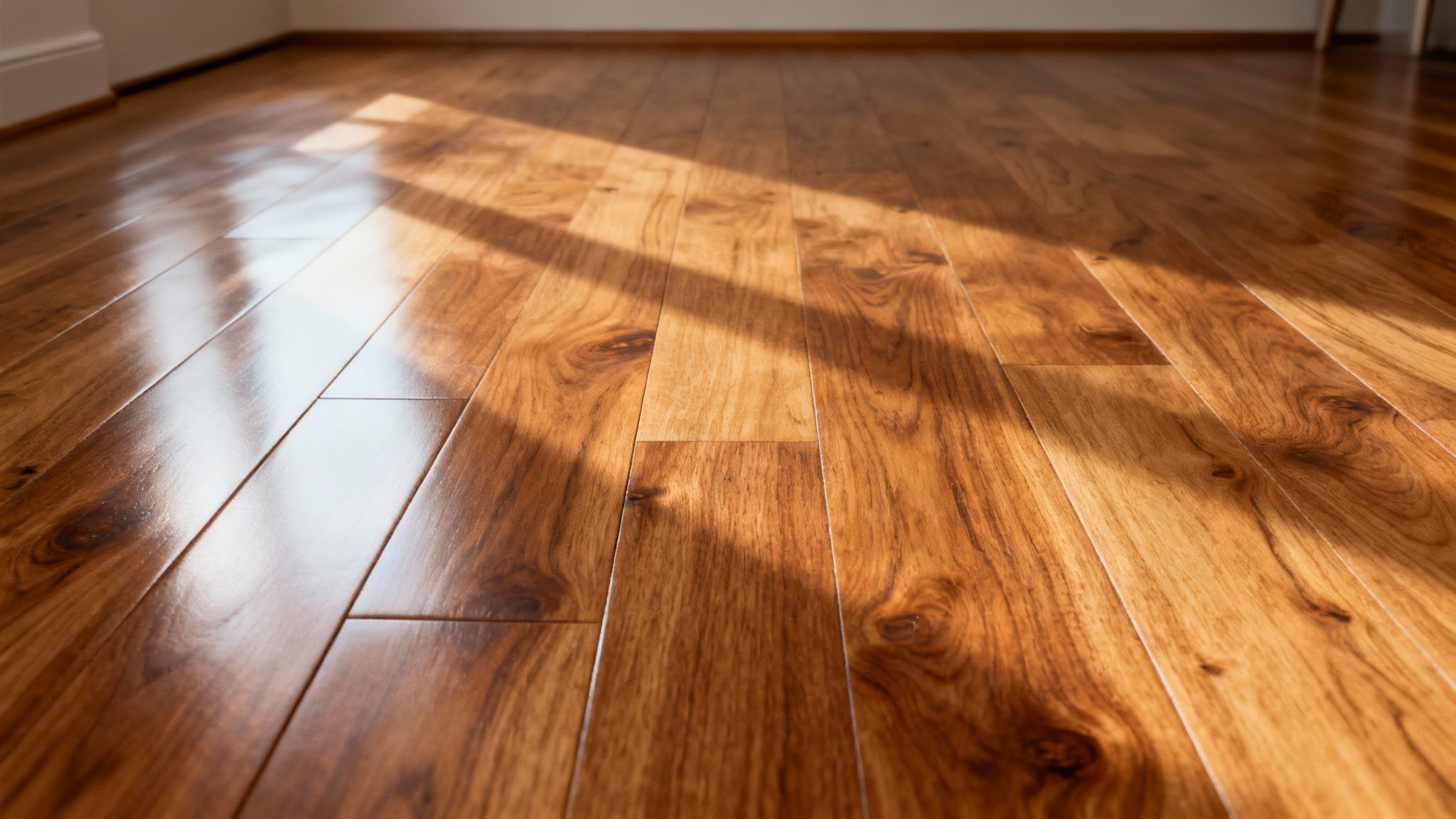 Et skinnende trægulv med smukke solstråler og skygger, der fremhæver træets varme farver.