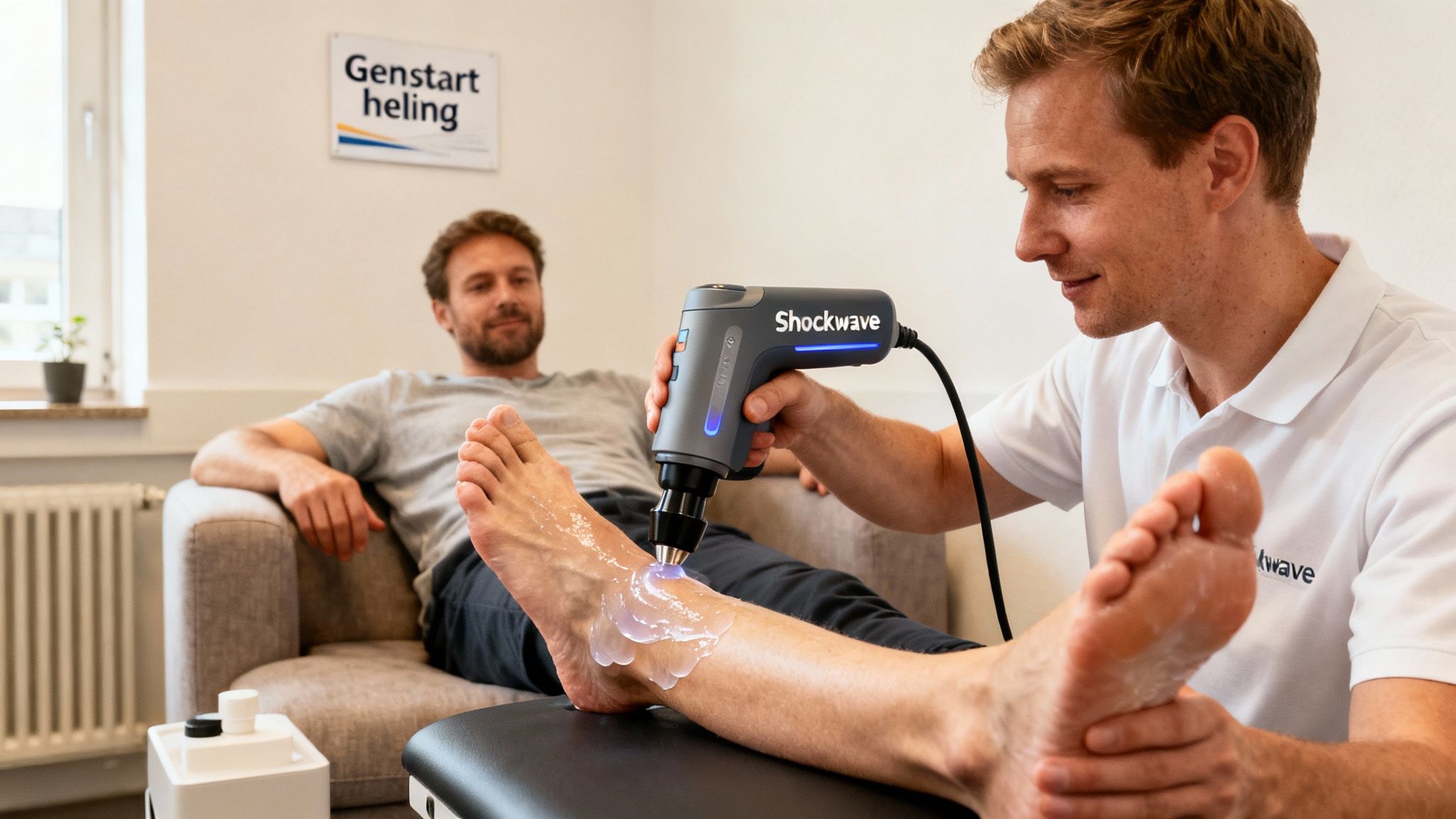 Mand modtager chokbølgebehandling på foden fra en fysioterapeut i et behandlingsrum. Fokus på genstart af heling.