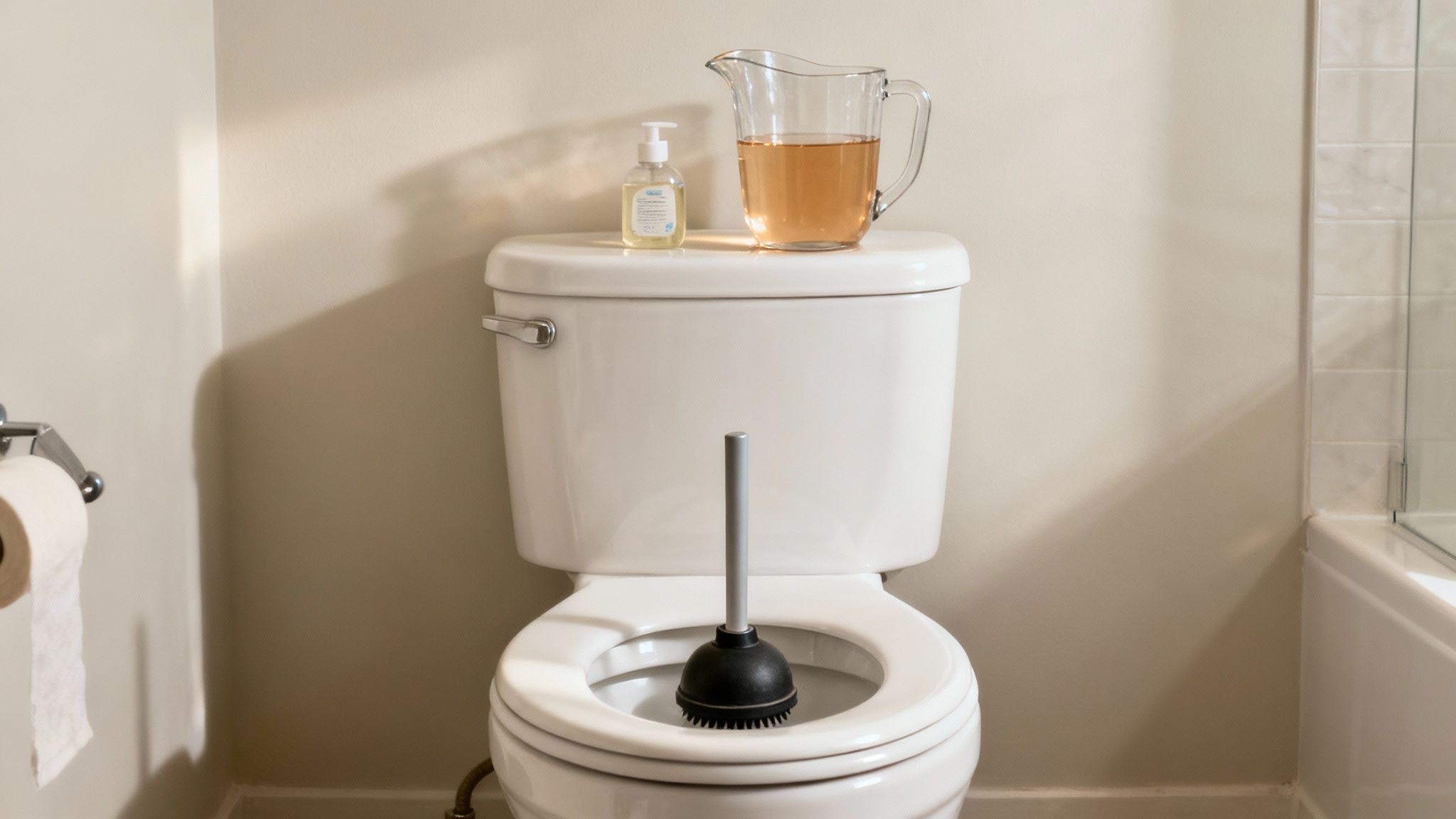 Stoppet toilet med gummisug klar til brug og en spand med beskidt vand på cisterne