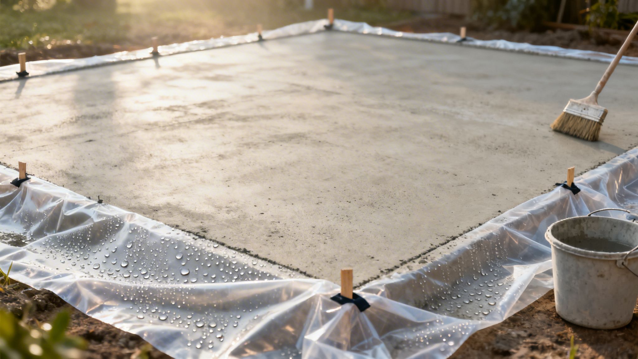 Nystøbt betongulv udendørs dækket med plastfolie til hærdning, med en kost og spand i nærheden.