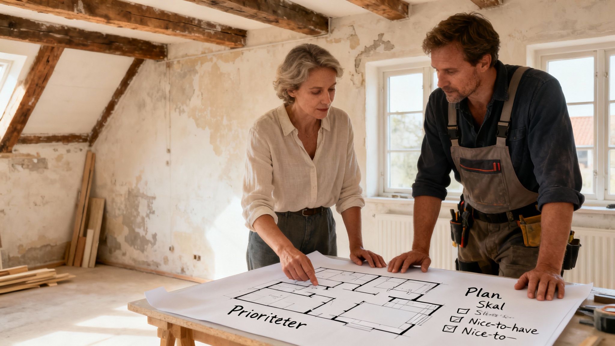 Kvinde og håndværker gennemgår plantegning i et hus under renovering, med fokus på prioriteter.