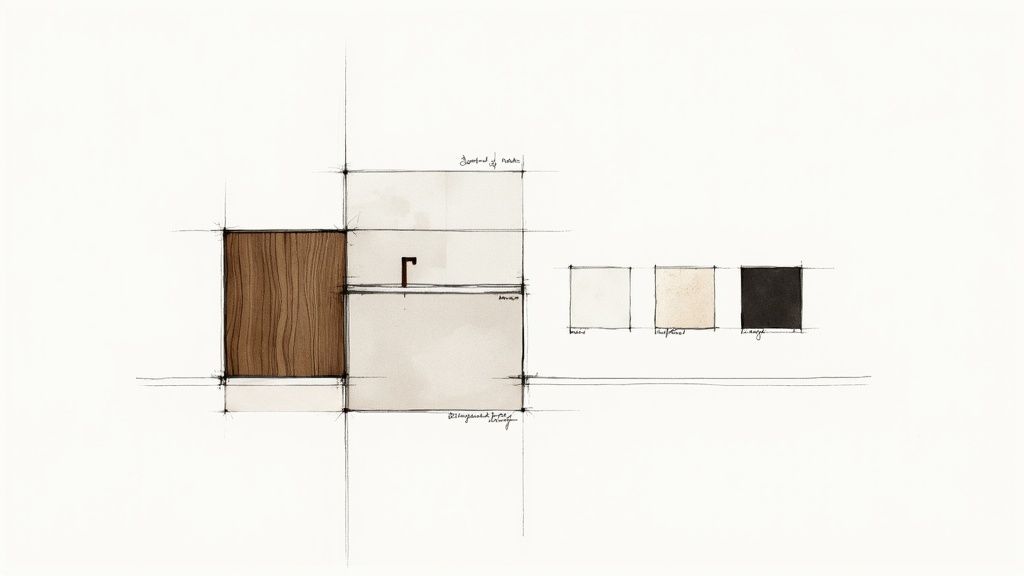 Skizze af et køkkendesign med mørkt træ, lyse overflader, en sort armatur og et farvevalg.