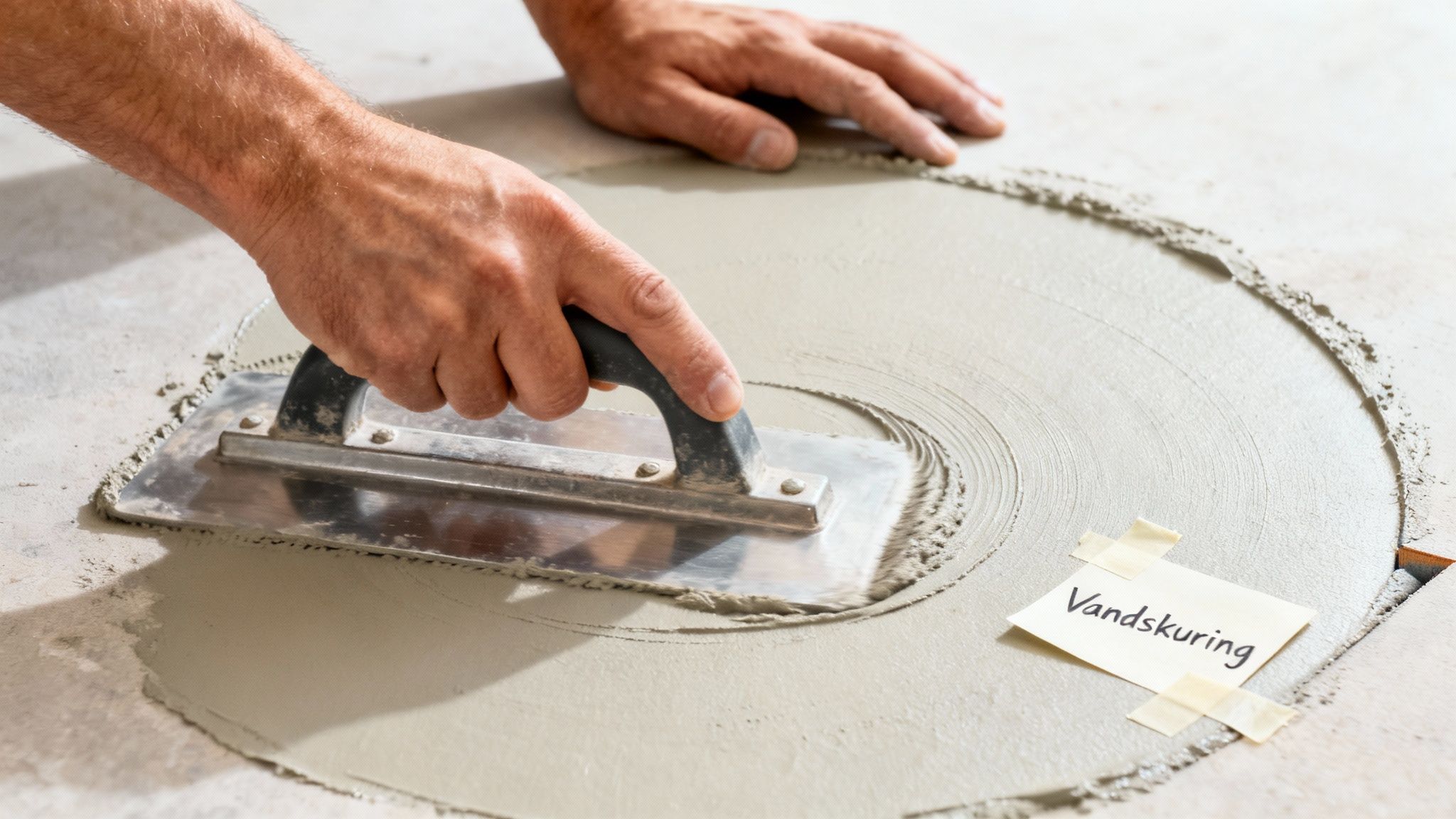 Nærbillede af hænder, der spartler mørtel i cirkulære bevægelser, med en seddel mærket 'Vandskuring'.