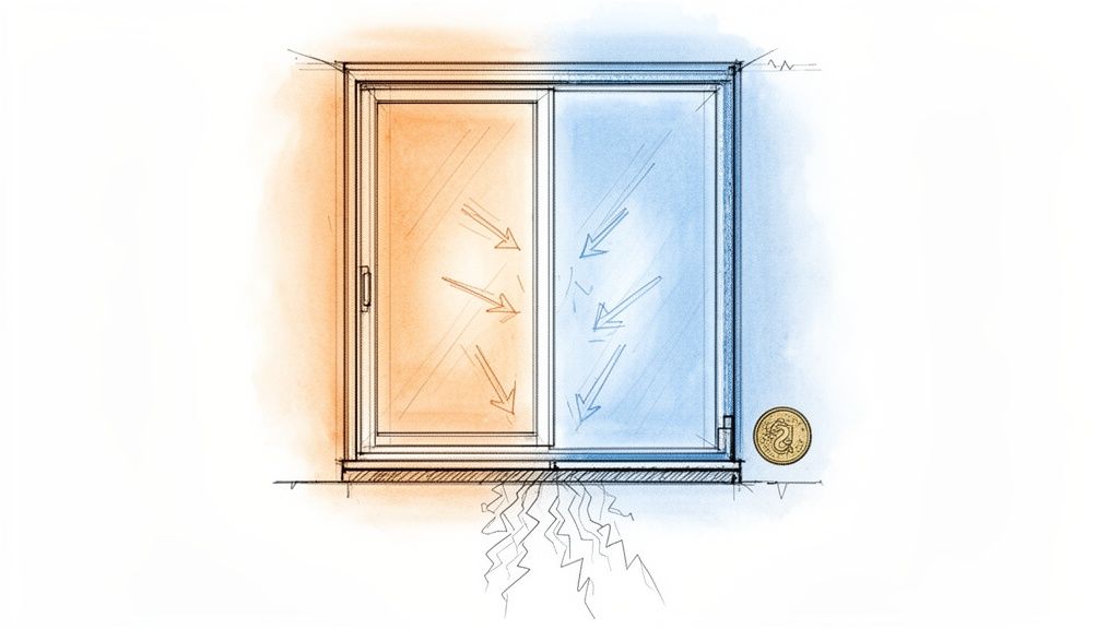 Illustration af et vindue med varmetab og kuldeindtrængning, symboliseret af farver og pile. En mønt viser skala.