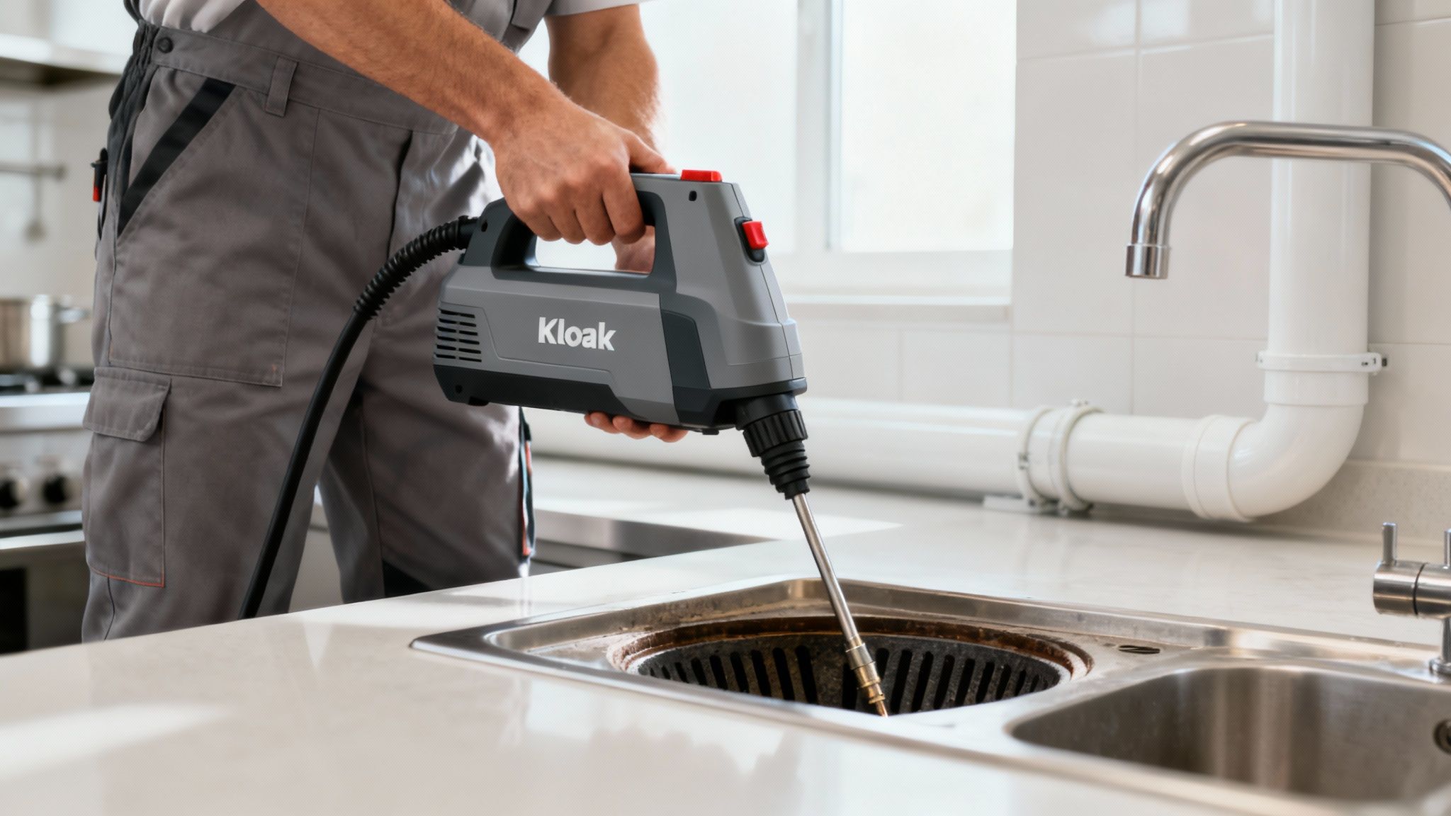 En professionel kloakmester fra CK Kloakservice, der betjener udstyr til højtryksspuling.