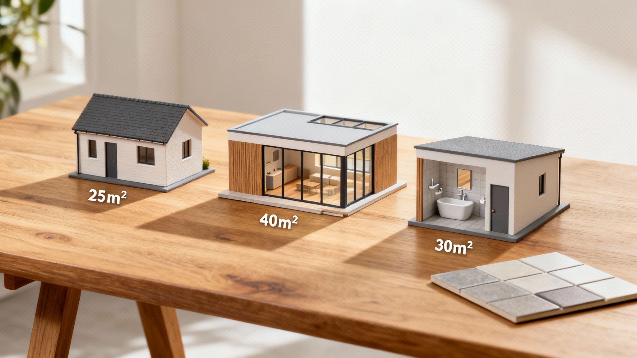 Tre miniaturehusmodeller, der viser forskellige størrelser (25m², 40m², 30m²), til en tilbygning eller bolig på et træbord.