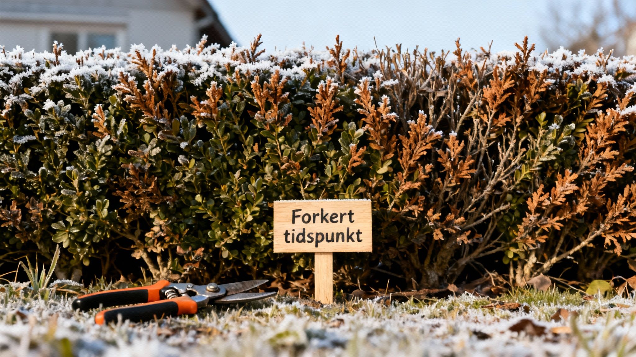 Hæk dækket af rimfrost med et skilt, der siger 'Forkert tidspunkt', og en hækkesaks på jorden.