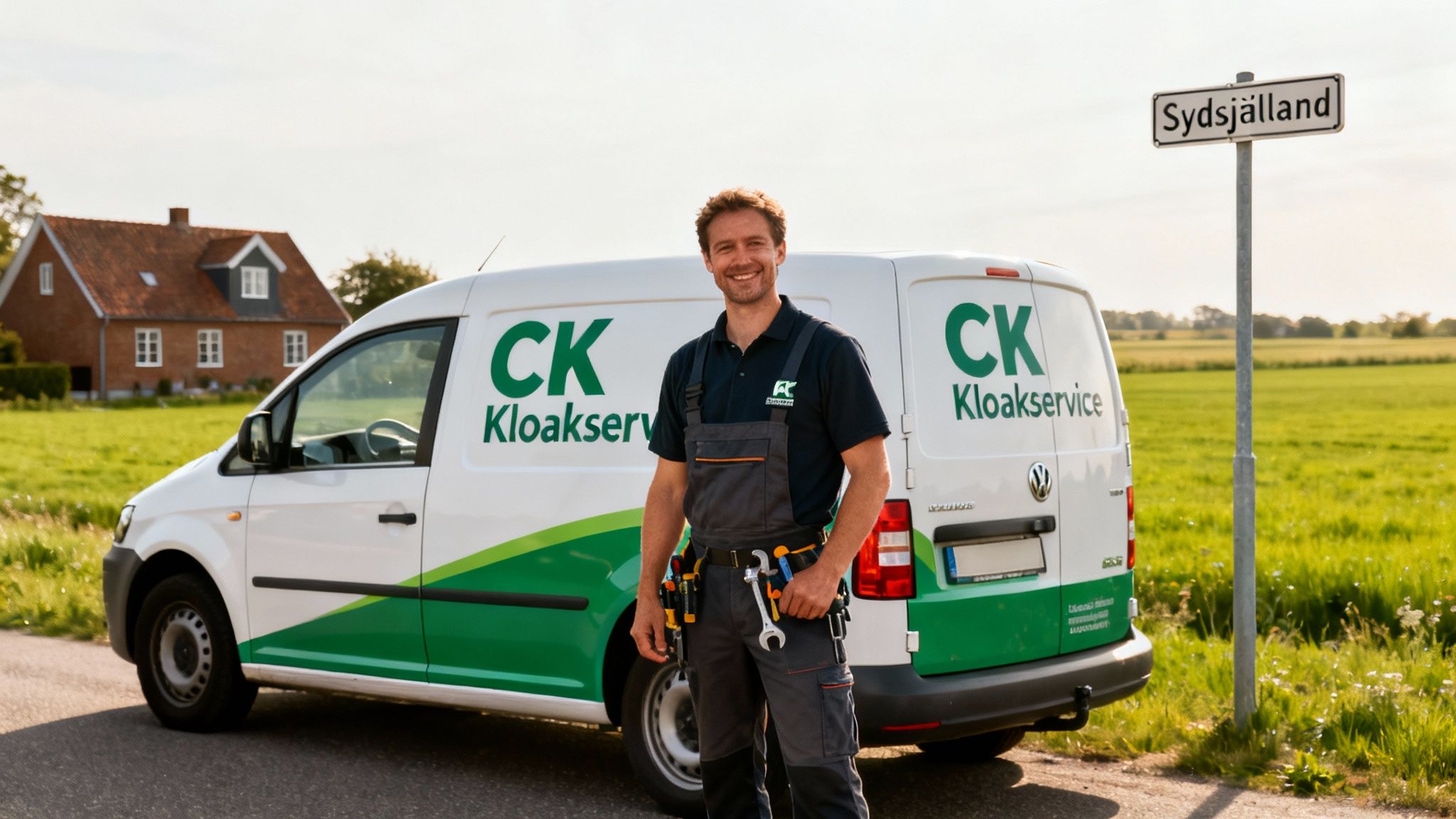 Smilende servicetekniker i arbejdstøj stående foran sin hvide servicevogn med logoet 'CK Kloakservice' og et skilt, der viser 'Sydsjælland', med grønne marker og et hus i baggrunden.
