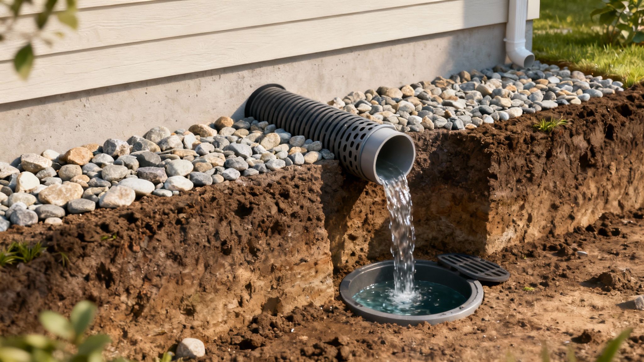 Et tværsnit af jorden, der viser et omfangsdræn lagt korrekt ved siden af et husfundament.