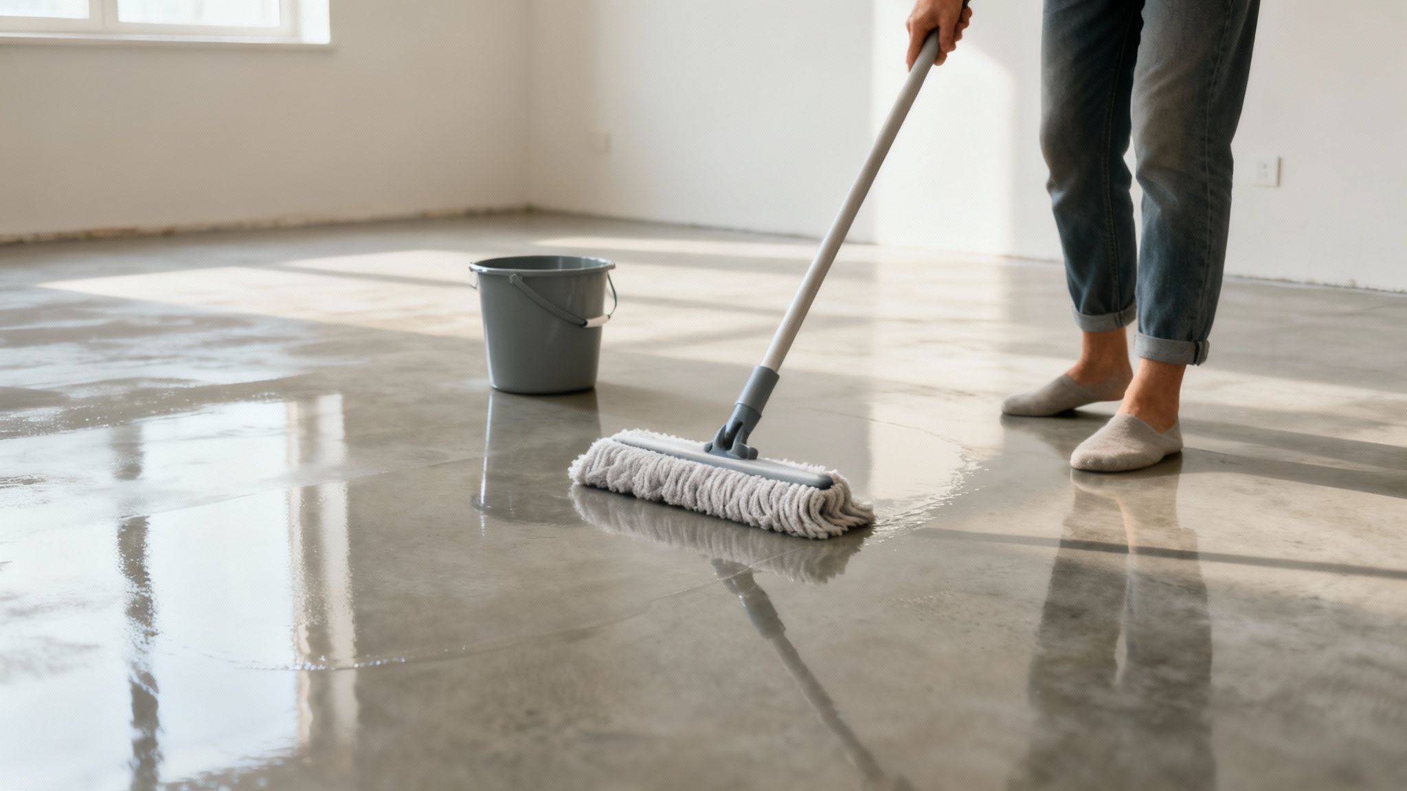 En person vasker et vådt betongulv med en moppe og en spand i et lyst rum.