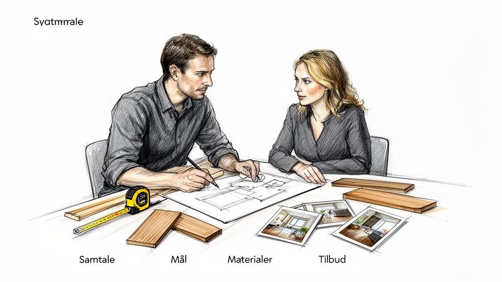 To personer diskuterer designplaner for et snedkerkøkken med tegninger, træprøver og målebånd.