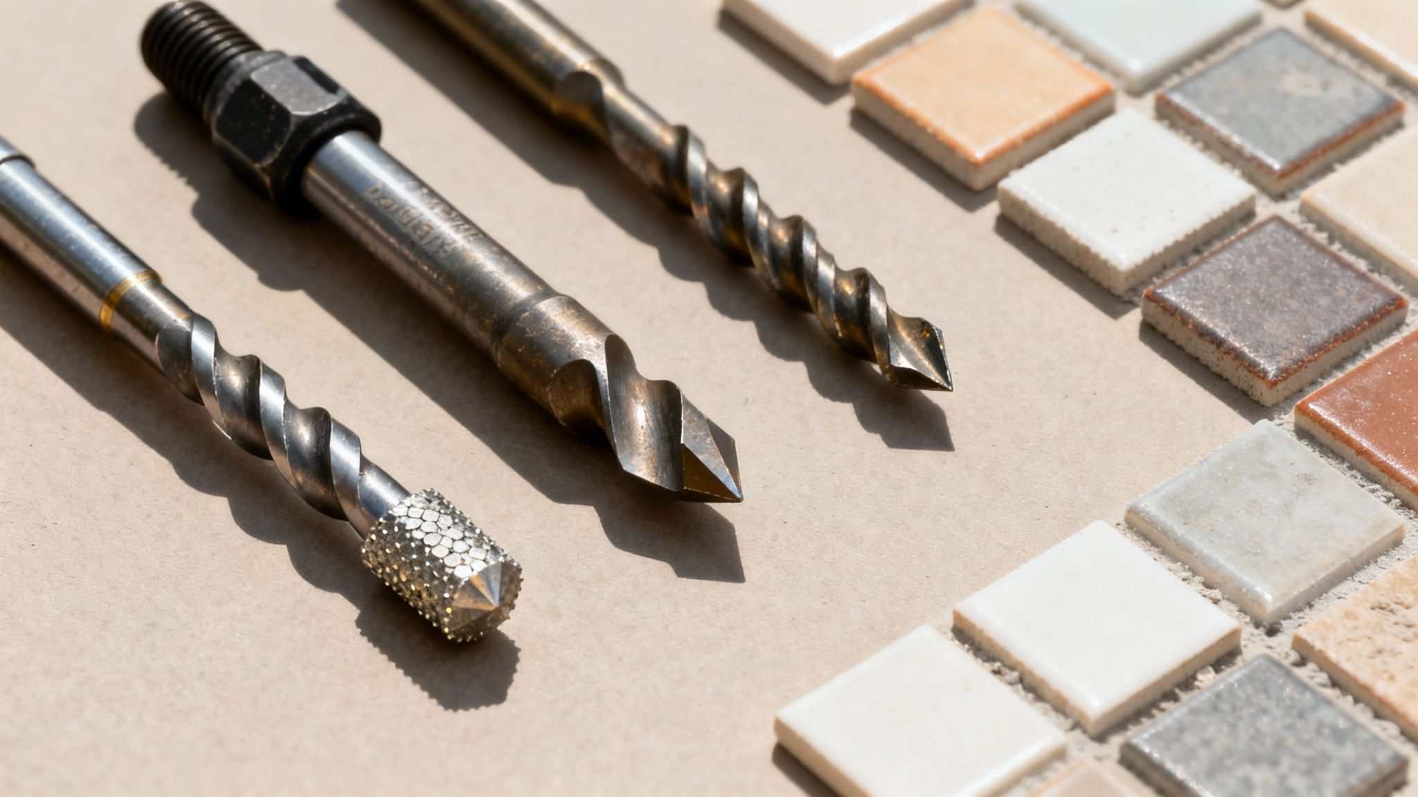 Nærbillede af tre forskellige bor, herunder et diamantbor, med en mosaik af farvede klinker i baggrunden.