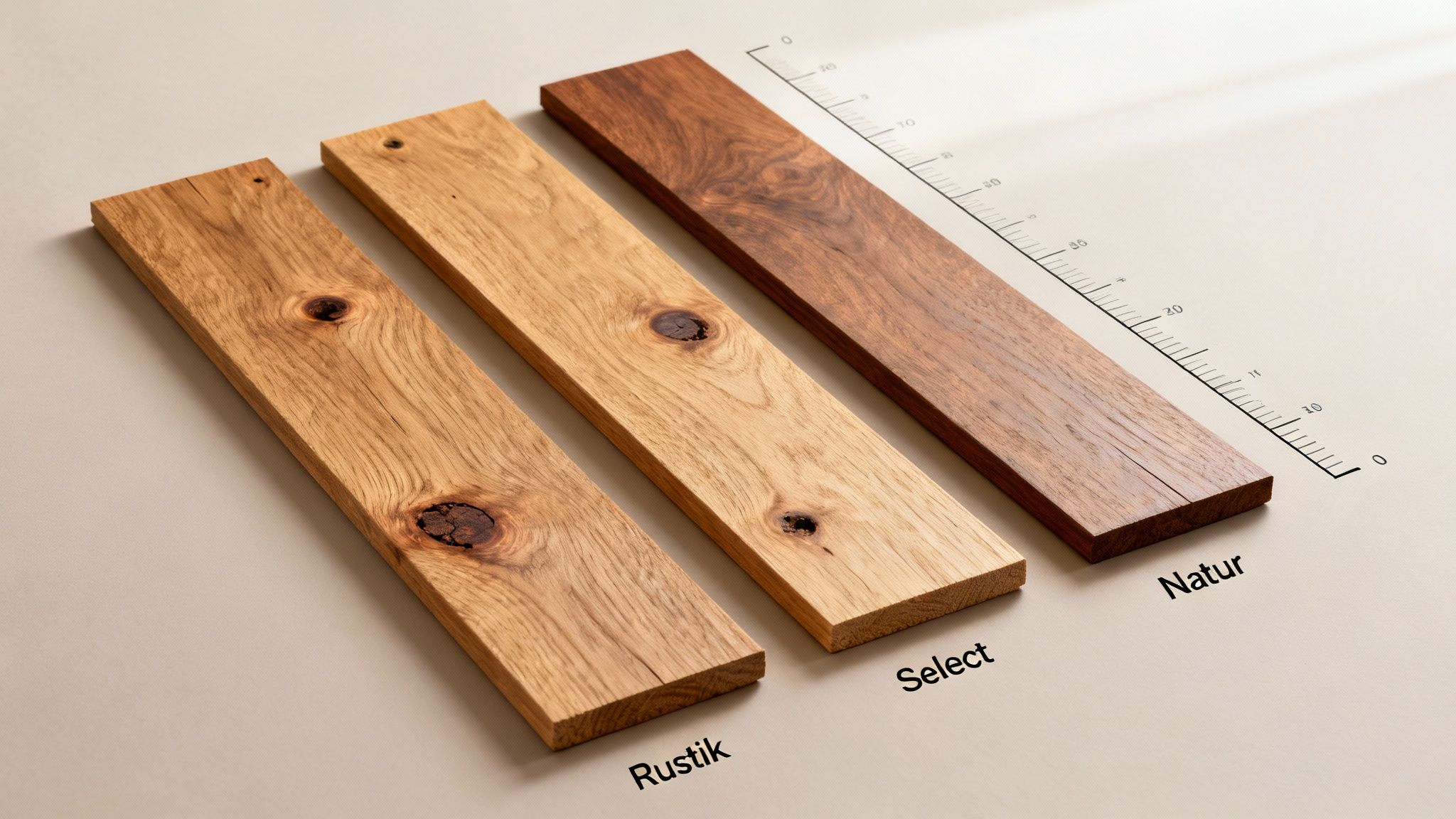 Tre egetræsbrædder i forskellige kvaliteter: Rustik, Select og Natur med synlige årringe og knaster