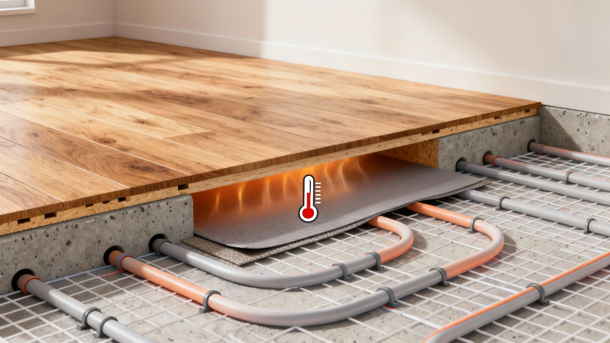 Gulvkonstruktion med trægulv, isolering og gulvvarme med varme rør og termometer.