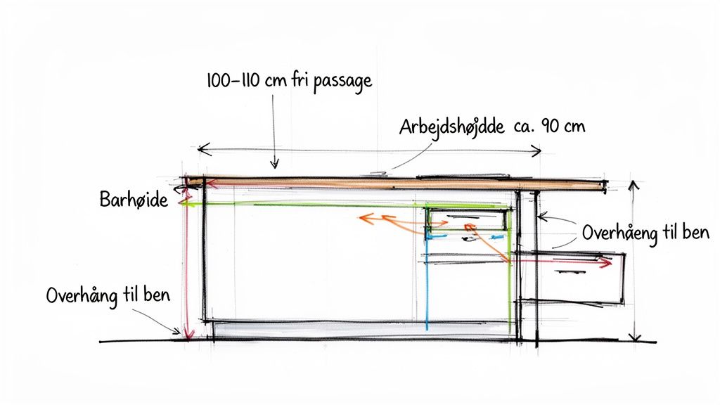 Skitseret køkkenø-design med dimensioner for barhøjde, arbejdshøjde, fri passage og overhæng til ben.