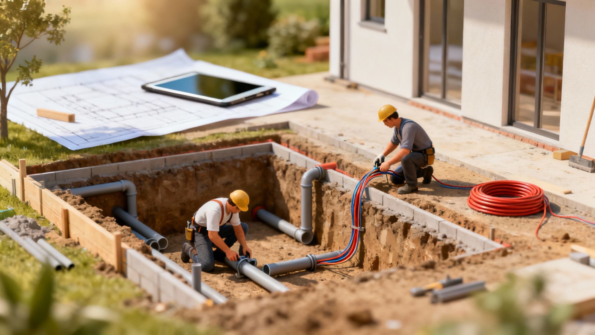 To mænd installerer rør og kabler i en udgravning ved et hus, med tegninger og tablet i baggrunden.