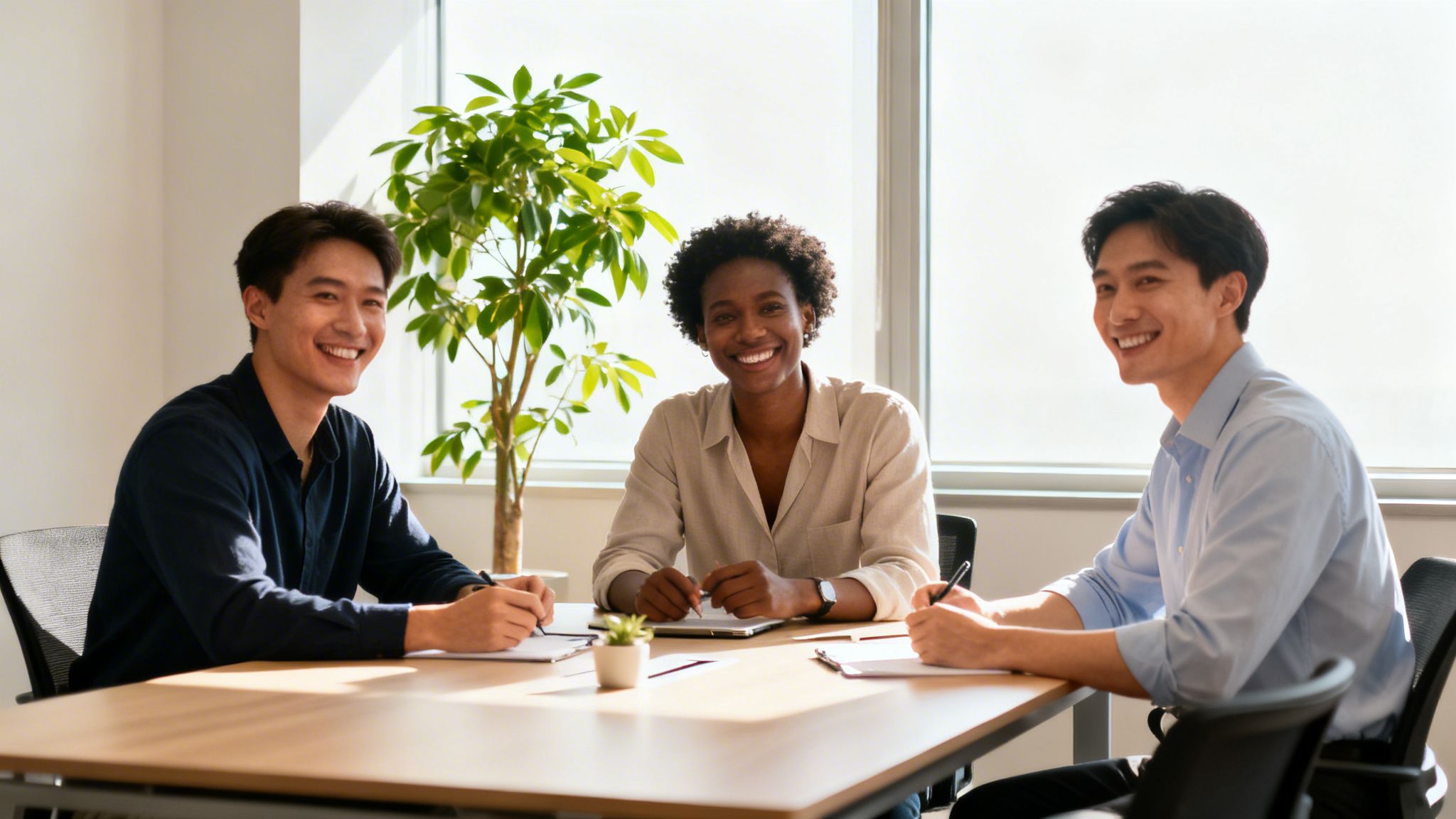 Tre glade medarbejdere med forskellige baggrunde smiler under et møde på kontoret.