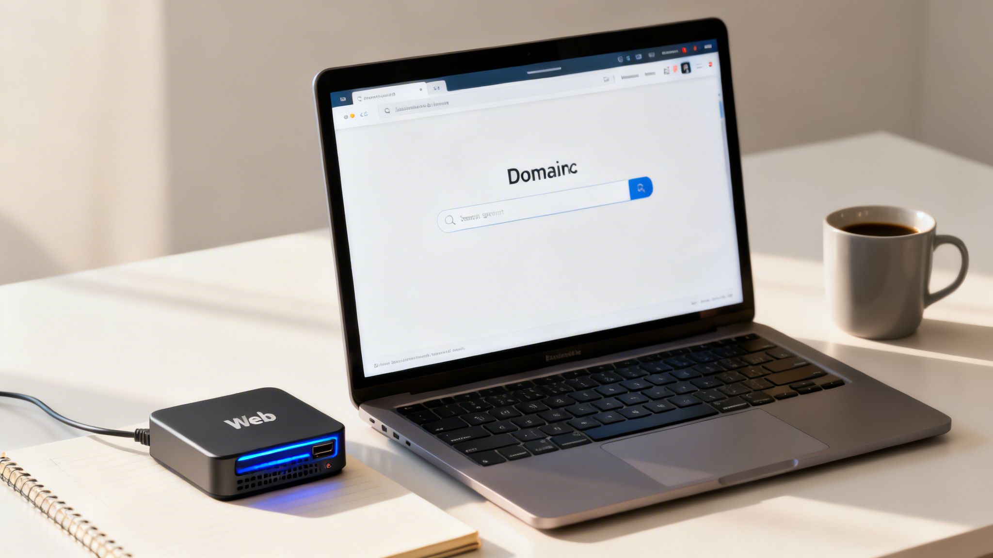 En bærbar computer med en domænesøgemaskine, en 'Web' enhed, en notesbog og en kaffekop på et skrivebord.