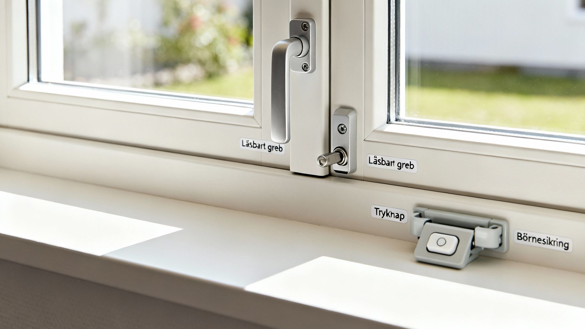 Nærbillede af et vindue med et låsbart greb og en børnesikring, der viser forskellige funktioner og tilbehør.