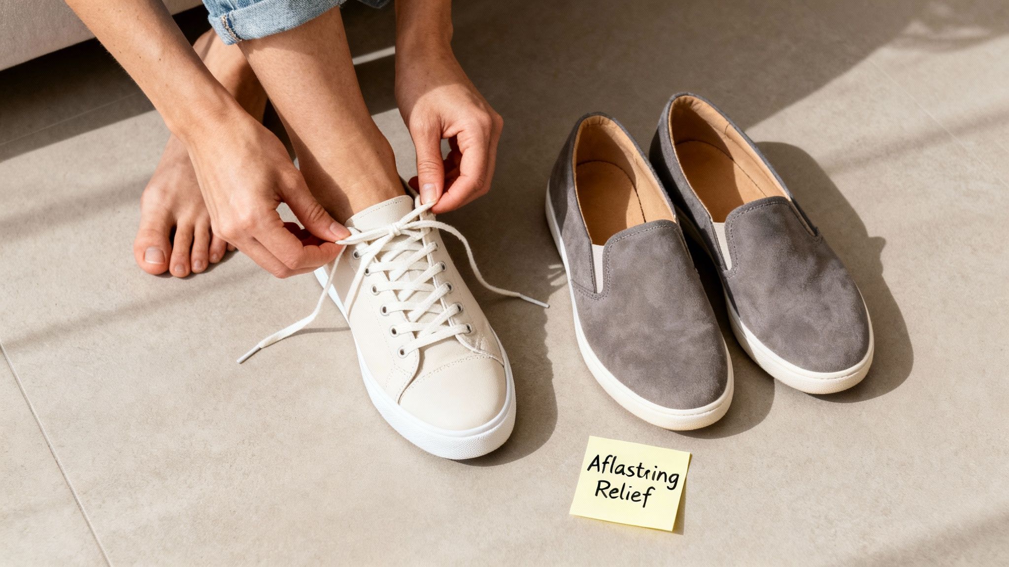 En person binder snørebåndene på en beige sneaker, med grå sko og en 'Aflastning Relief' note ved siden af.
