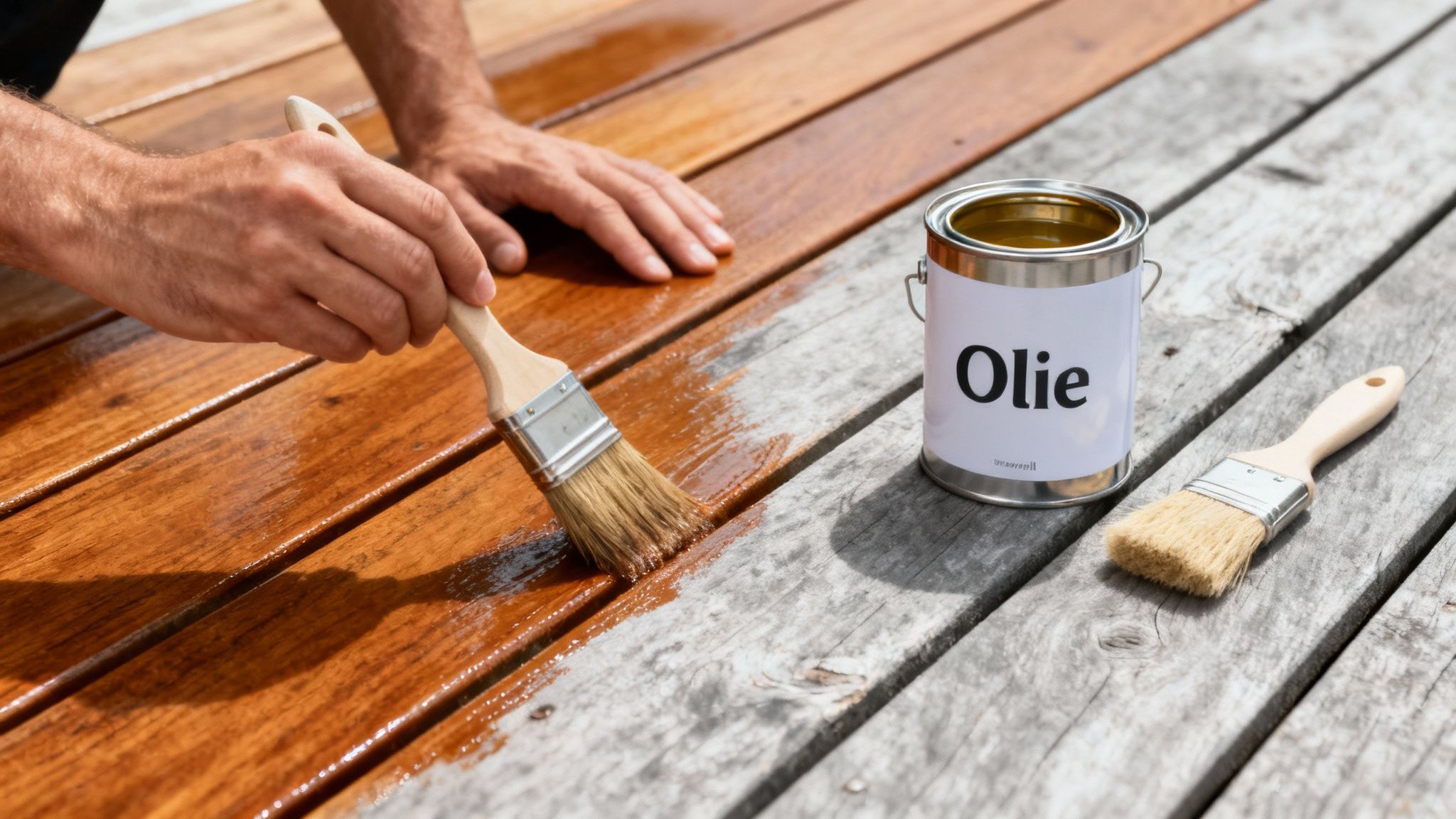 En person påfører olie på en træterrasse med en pensel, hvilket beskytter træet og fornyer dets udseende.