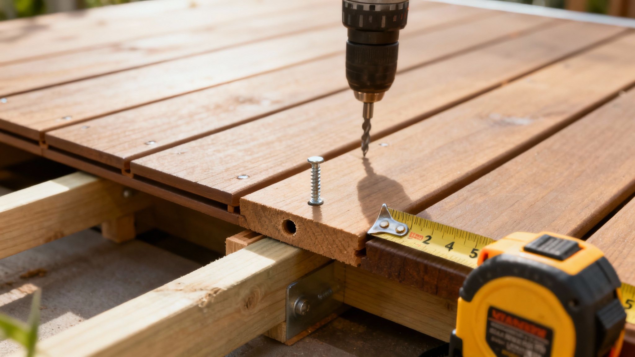 En tømrer i færd med at montere nye terrassebrædder