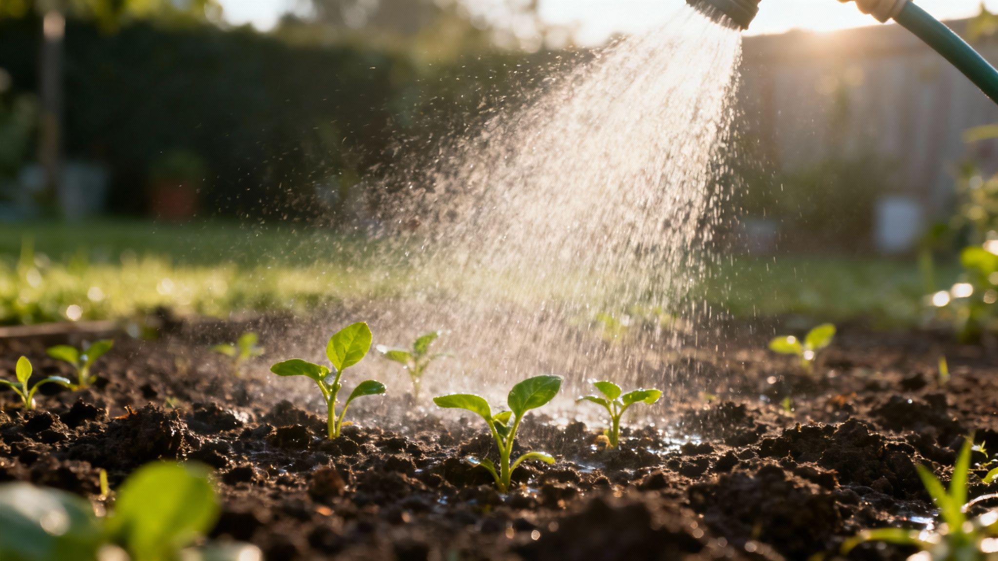 En person vander en nysået græsplæne med en fin forstøverslange for at undgå at skylle frøene væk