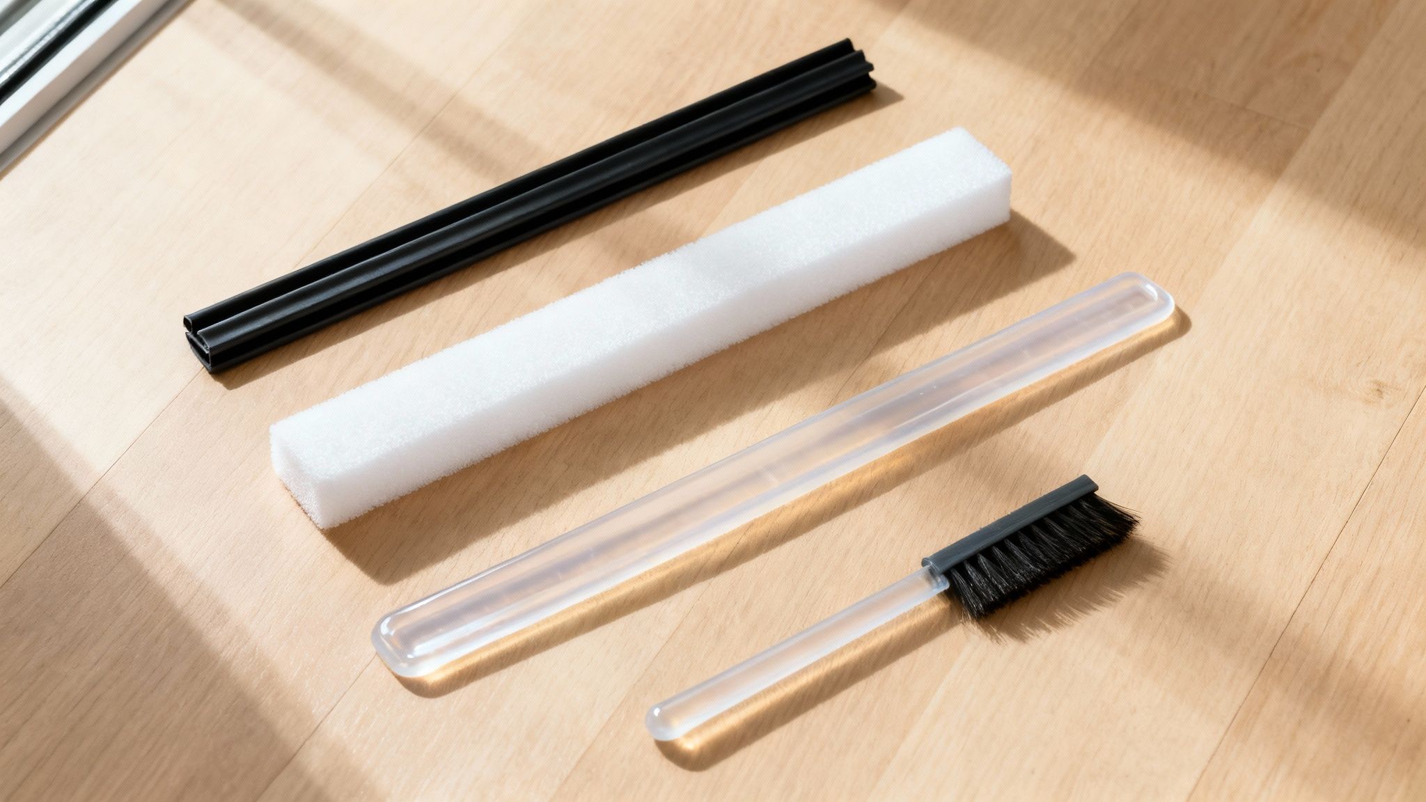 Sort gummiliste, hvid skumliste, gennemsigtigt værktøj og børste til tætning af døre og vinduer.