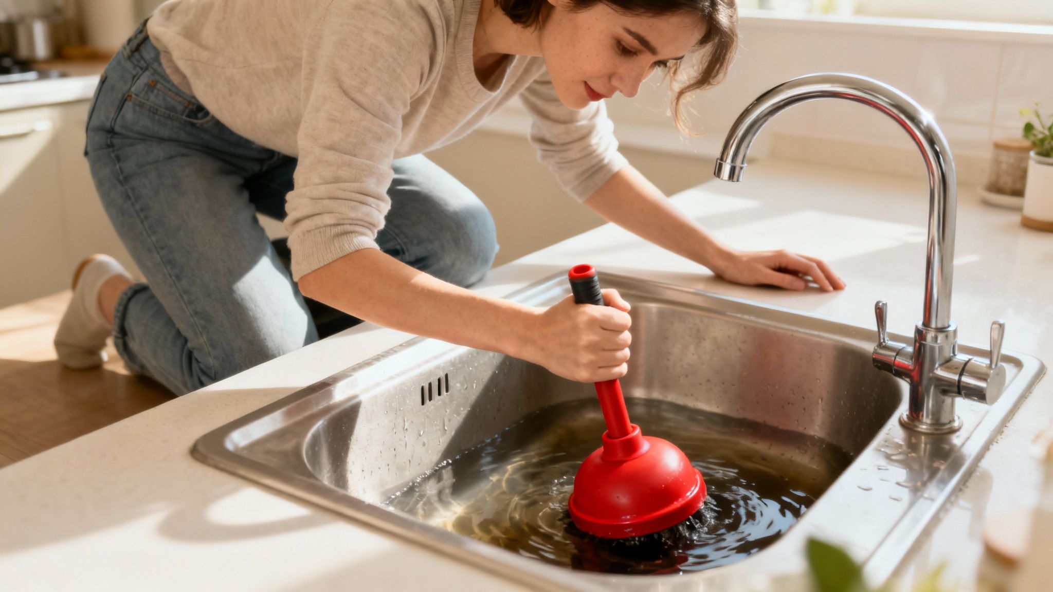 En kloakmester i arbejdstøj inspicerer et åbent kloakdæksel