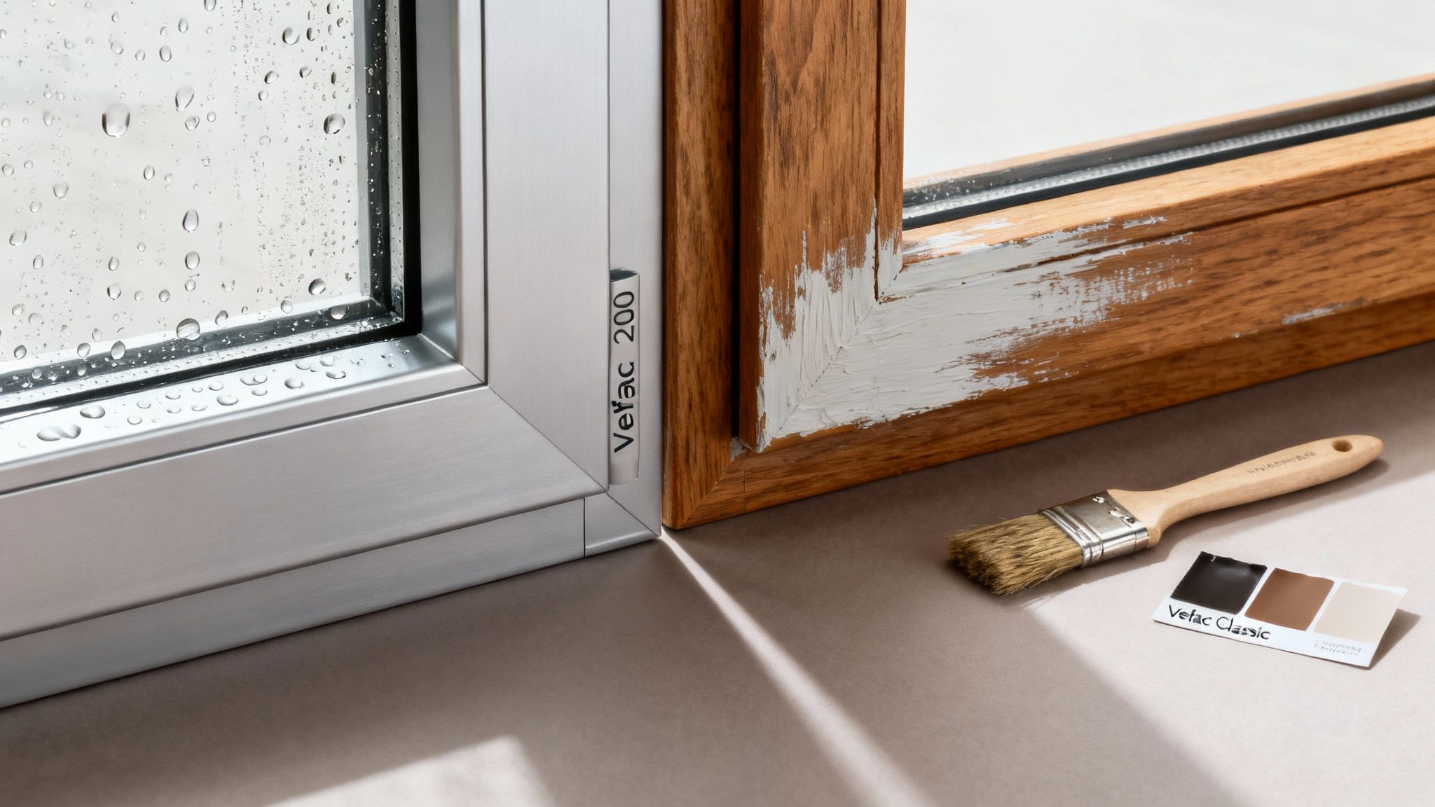 Vinduer: Velfac 200 aluminiumsramme og Velfac Classic træramme med maling og farveprøver.