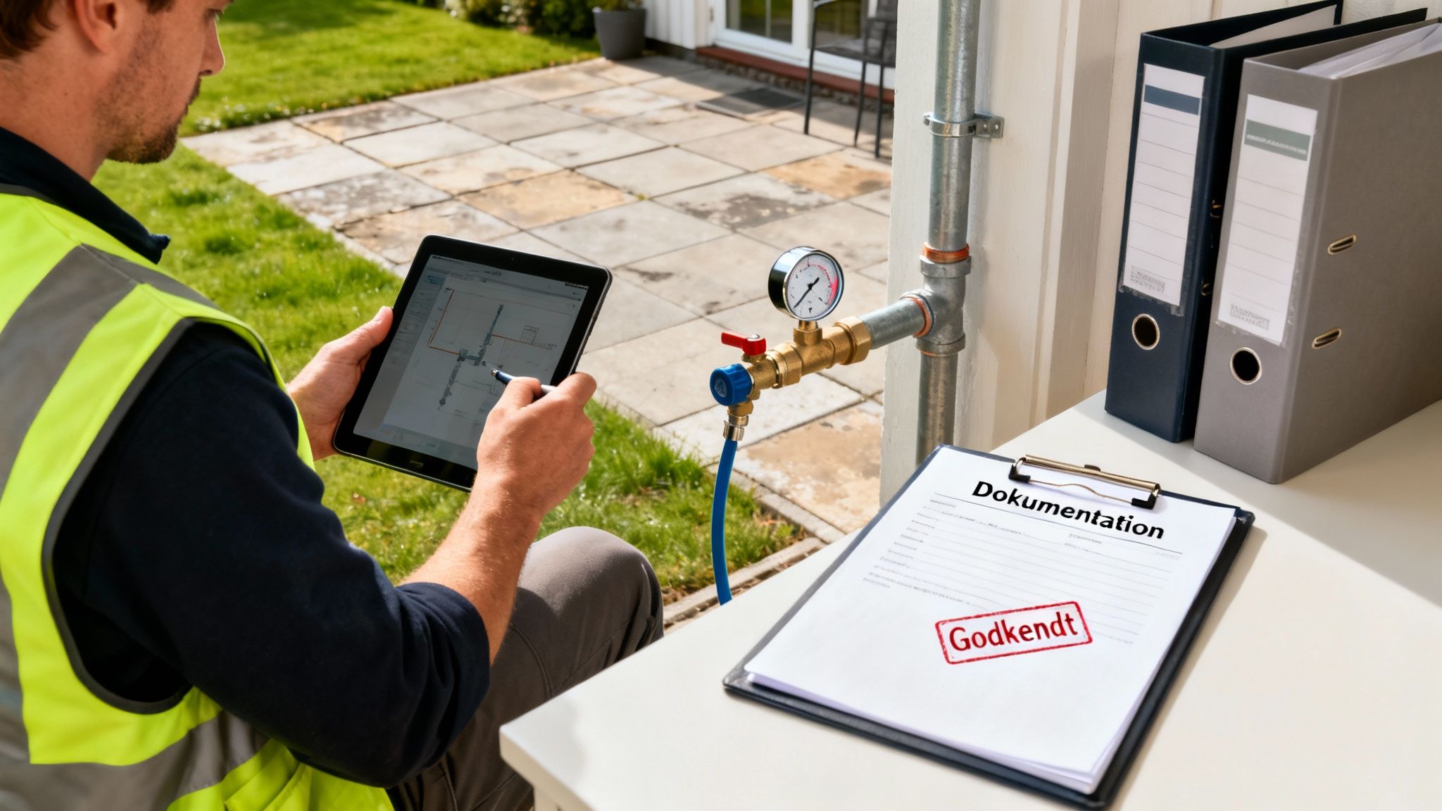 Tekniker i sikkerhedsvest arbejder med tablet, rørinstallation og godkendt dokumentation for kloakseparering.