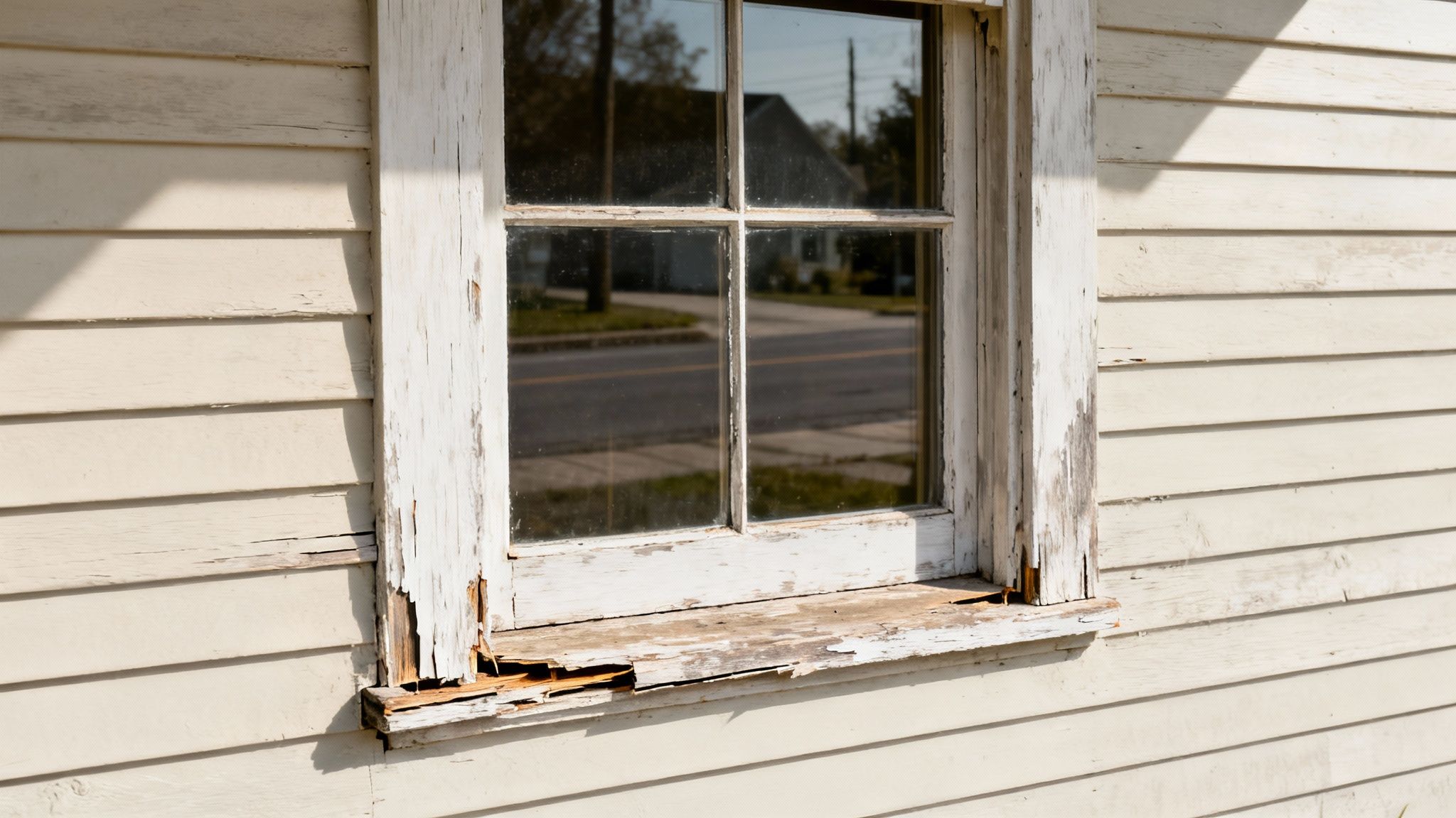Gammelt hvidt hus med forvitret vindue. Ramme og karm har afskallende maling og rådnet træ. En gade reflekteres i ruden.