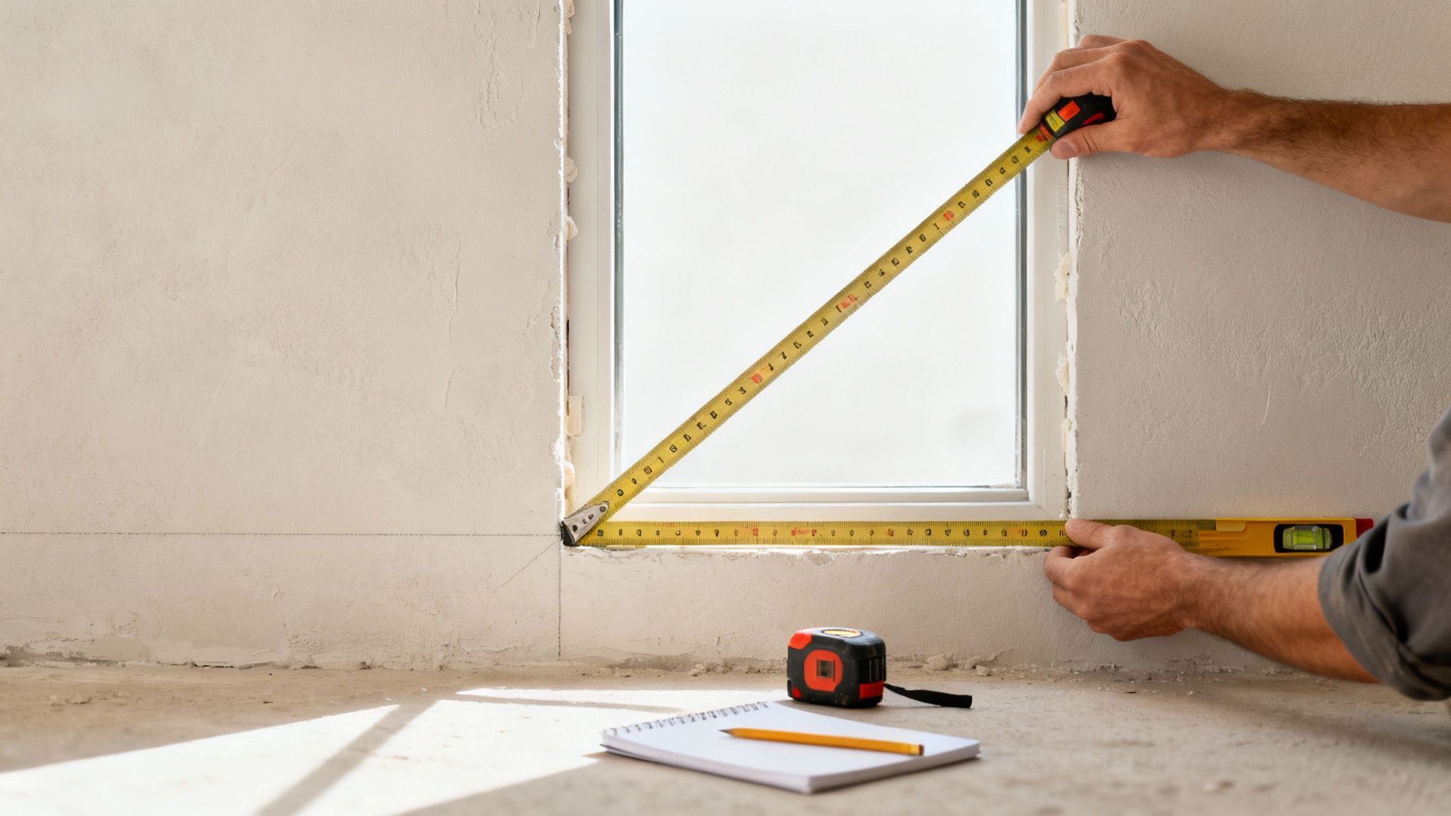 En person måler en vinduesramme med målebånd og vaterpas under montering i et rum.
