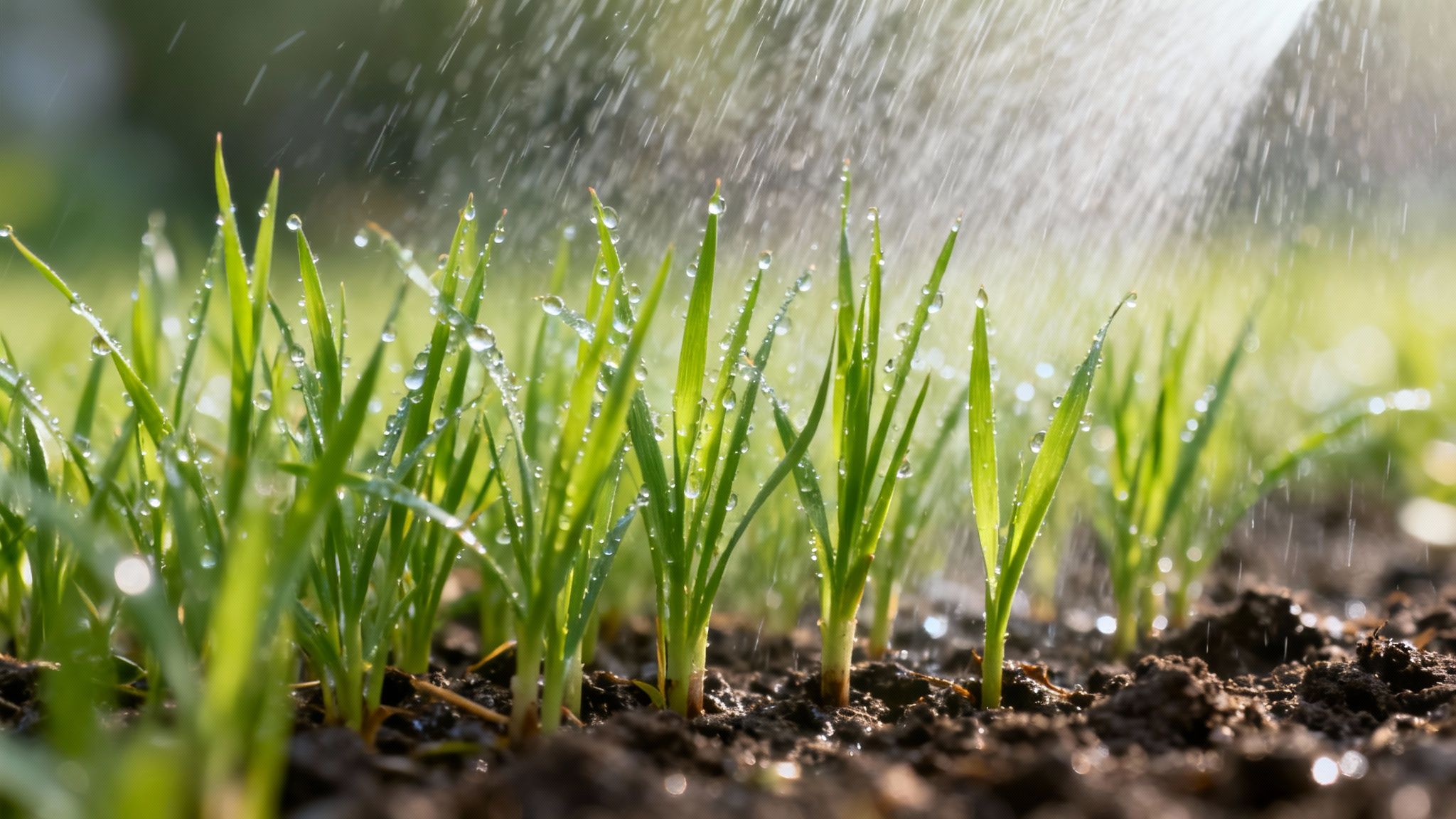 Unge grønne spirer i jord med vanddråber på bladene, mens de vandes.
