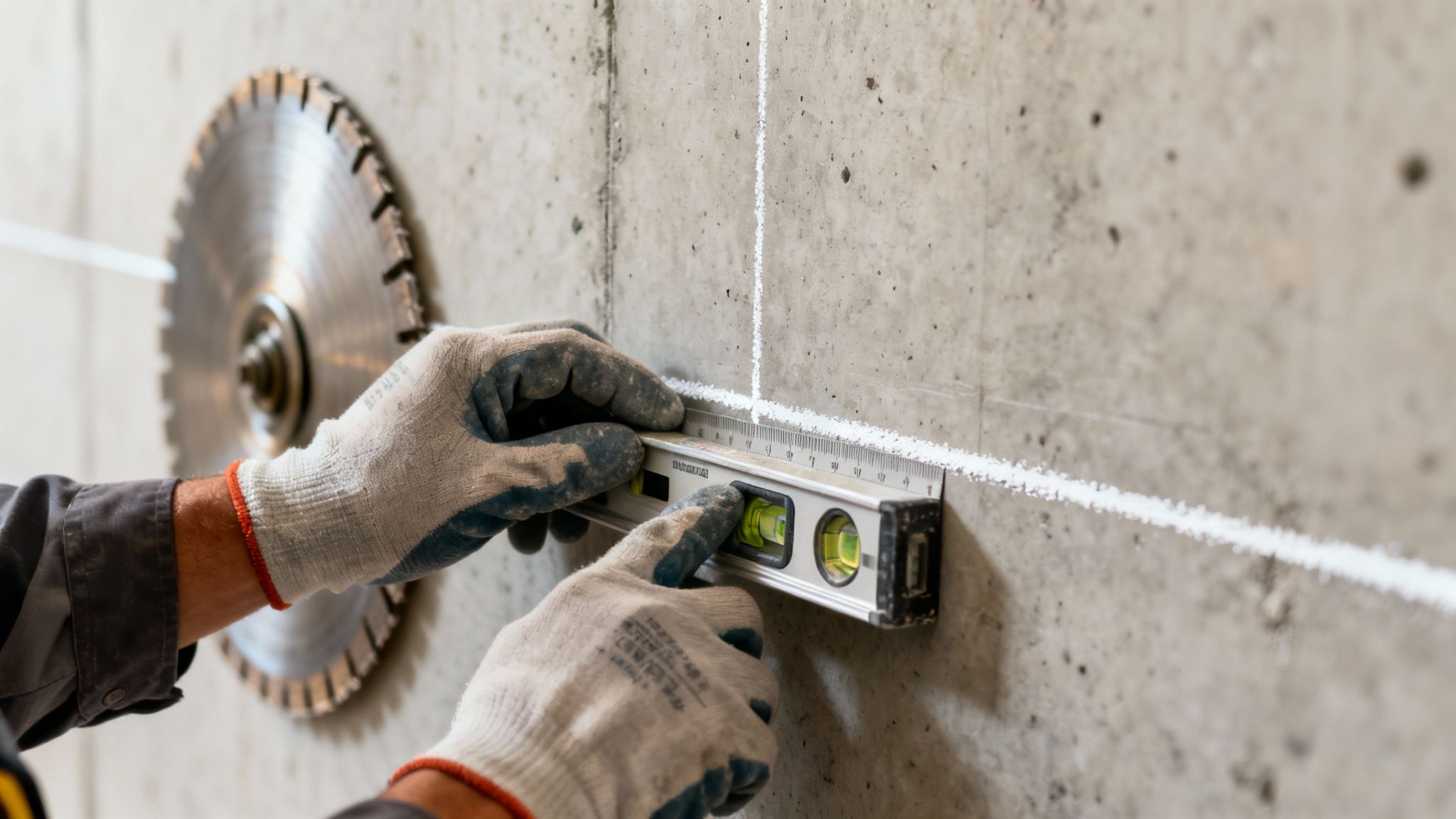 En person i arbejdshandsker bruger et vaterpas til at tegne linjer på en betonvæg, med en rundsav i baggrunden.