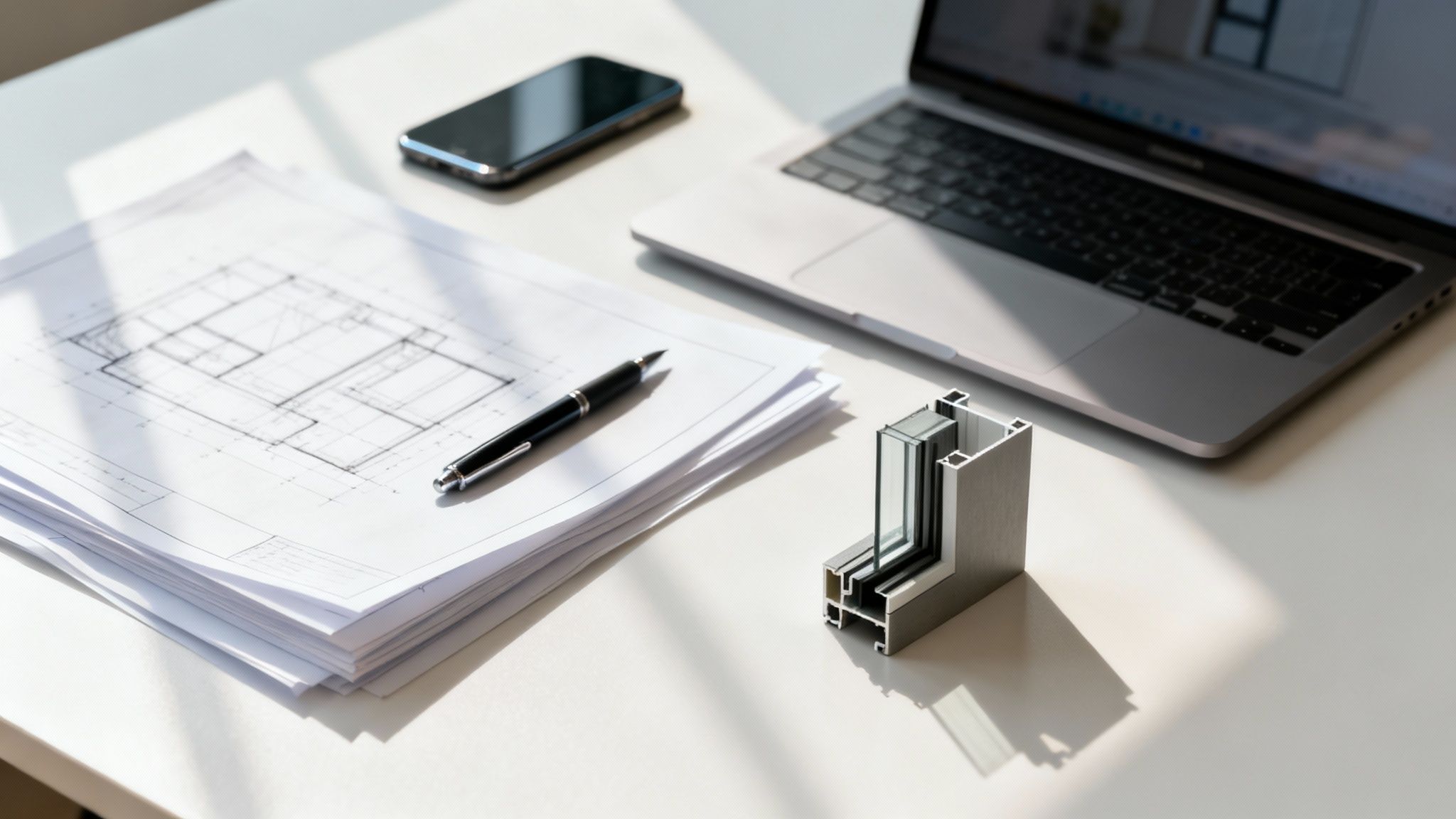 Skrivebord med arkitekttegninger, bærbar computer, smartphone og en vinduesprofil. Ideelt for byggeprojekter og design.