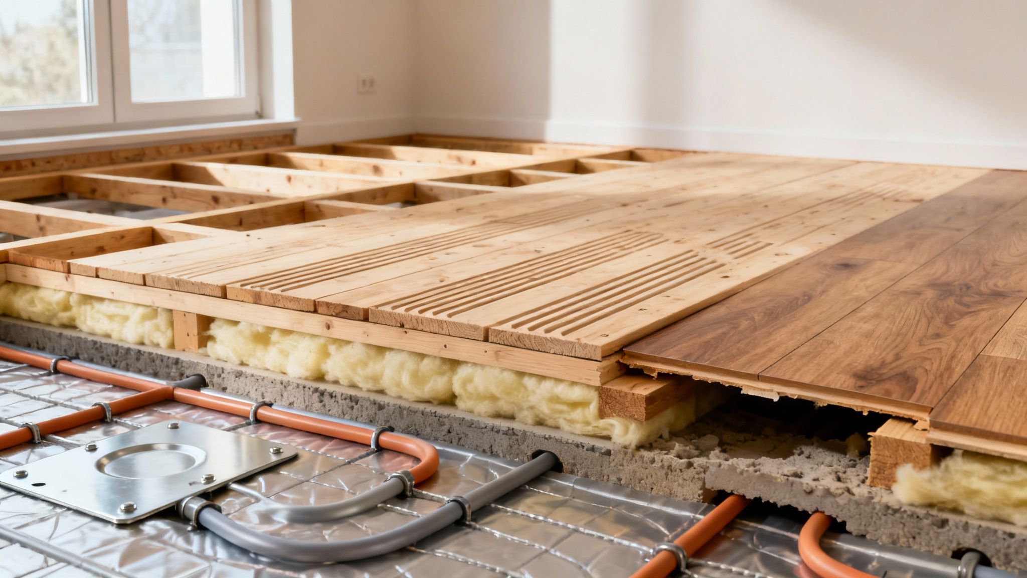Detaljeret billede af gulvkonstruktion med synlig gulvvarme, isolering og delvist lagt trægulv.