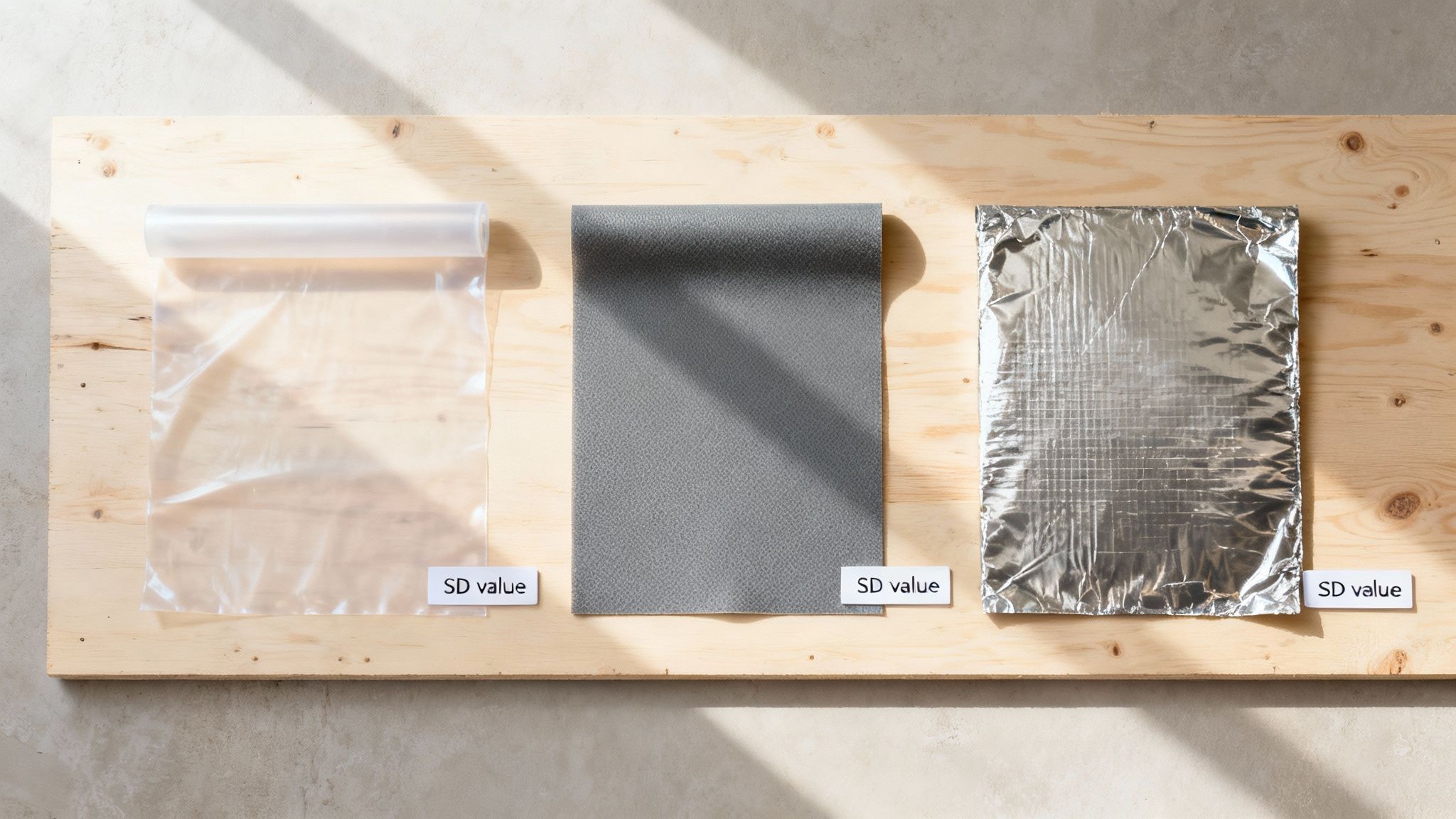 Tre forskellige dampspærre-materialer på en træplade, alle mærket med deres SD-værdi.