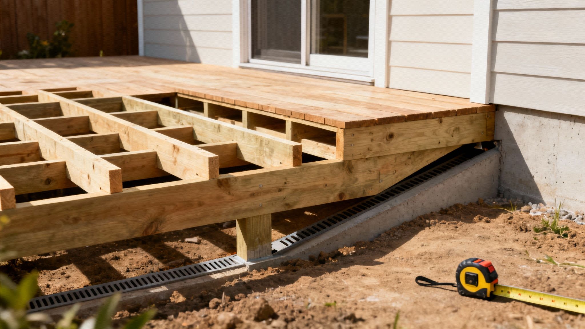 En delvist færdigbygget træterrasse med synlig underkonstruktion og et dræn under, ved siden af et hus.