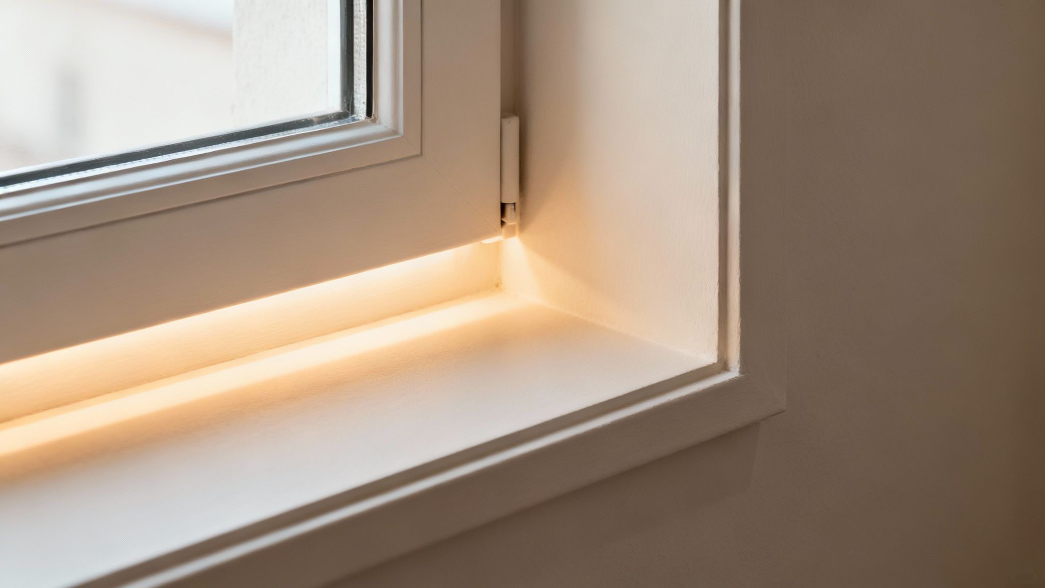 Nærbillede af et hvidt vindue med varmt, indbygget LED-lys i vindueslysningen.