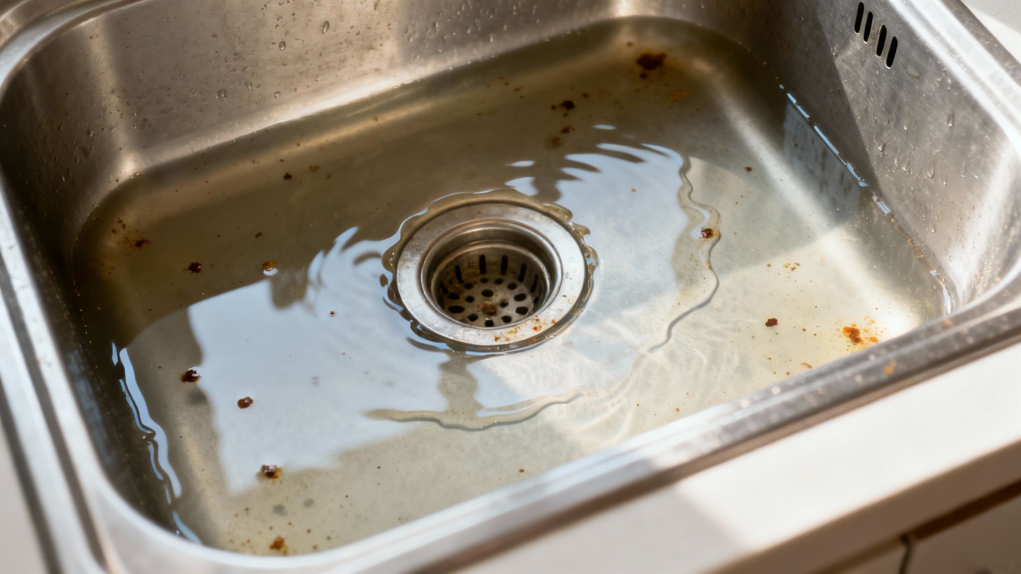 En frustreret person kigger på en tilstoppet vask, hvor vandet står helt stille.