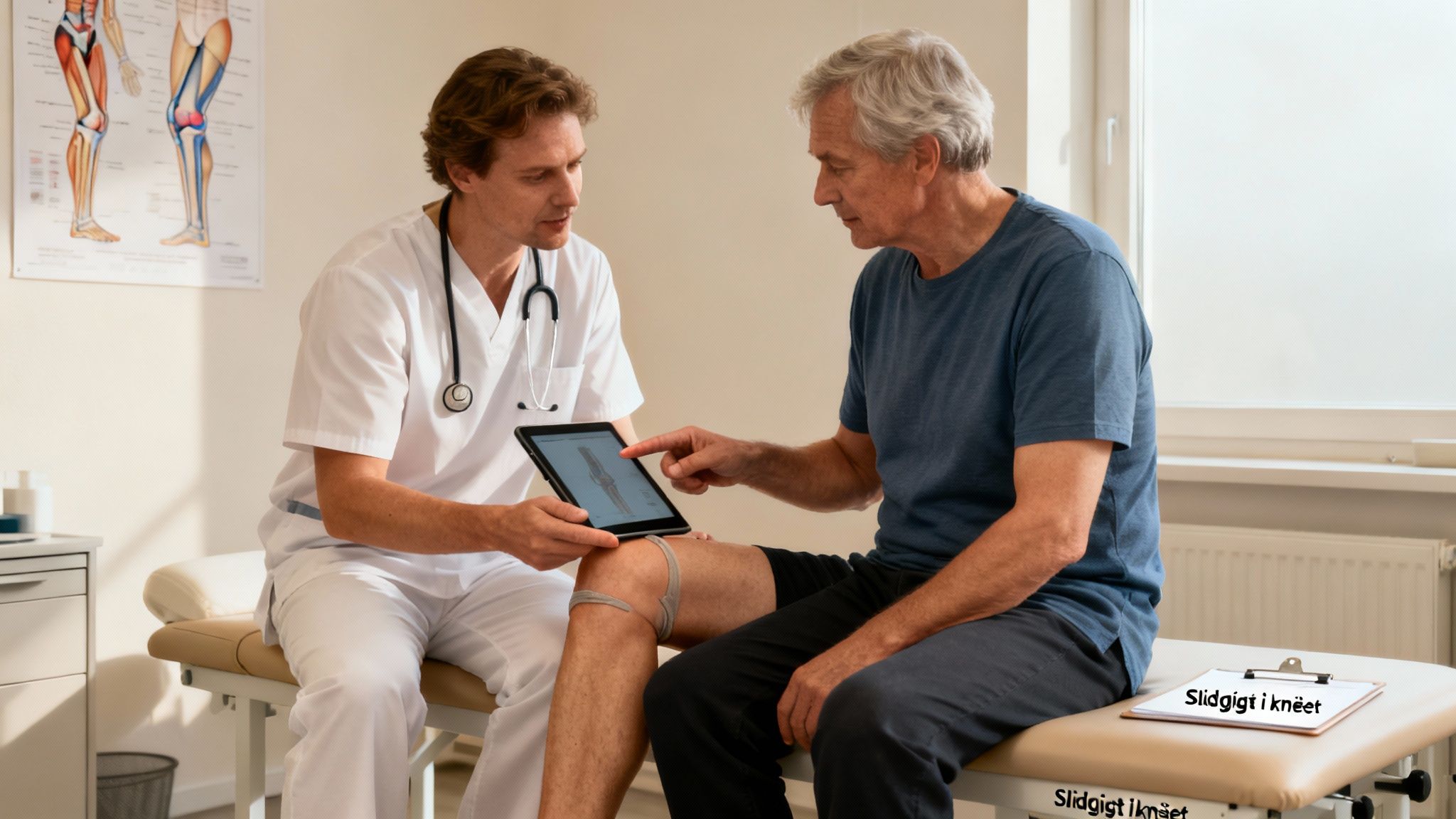 Læge viser ældre patient en illustration af knæet på en tablet for at forklare slidgigt.
