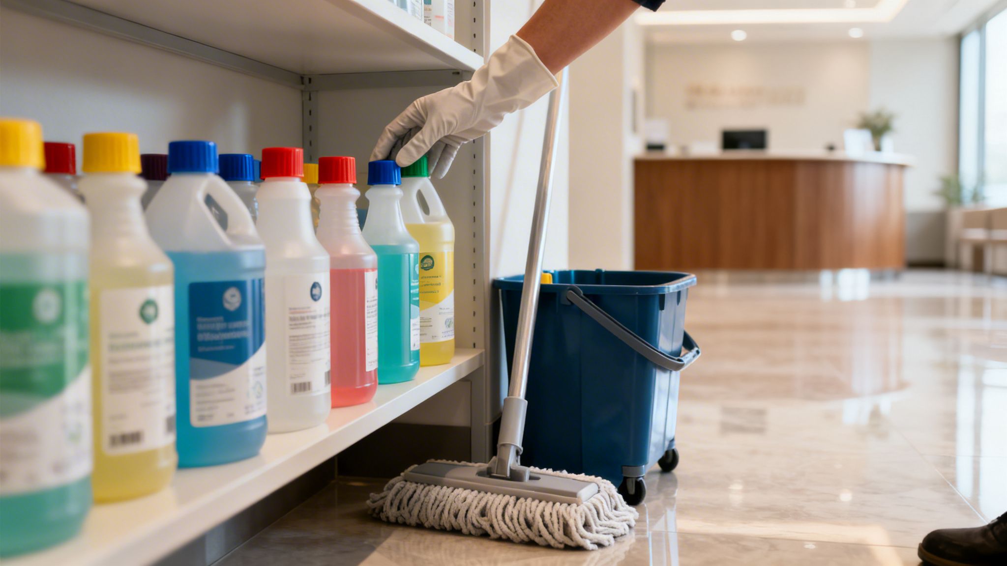 En person i handsker rækker ud efter et rengøringsmiddel på en hylde ved siden af rengøringsudstyr i en reception.