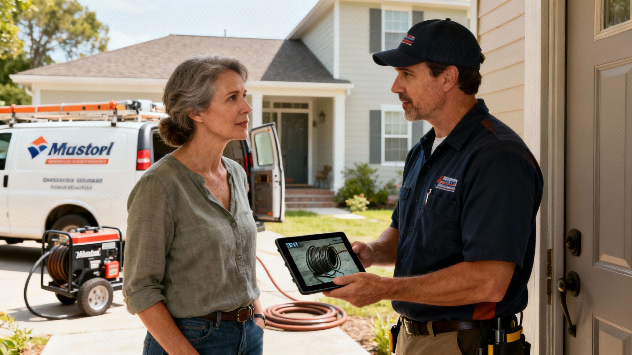En VVS-tekniker viser en kunde billeder af strømpeforing på en tablet foran et hus.