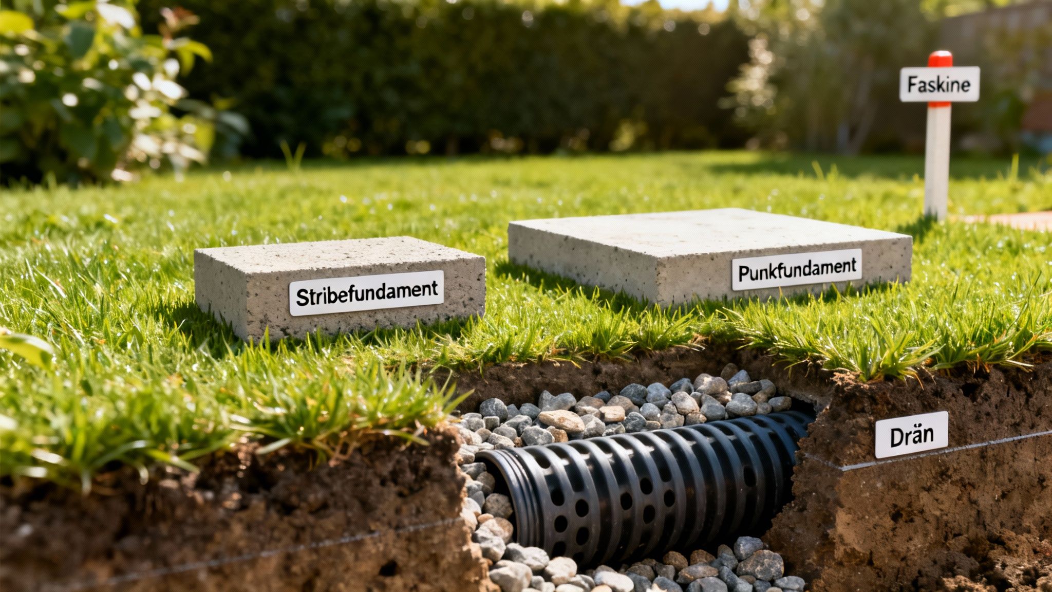 Tværsnit af have med stribefundament, punkfundament, drän og faskine, der viser anlæg under jorden.