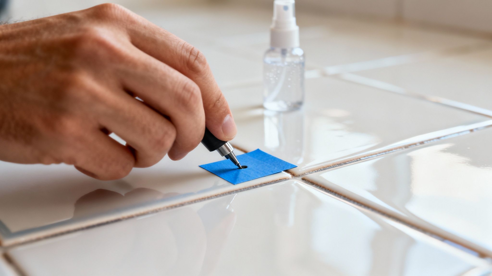 En hånd markerer et borepunkt på hvide fliser med blåt tape og en boremaskine.