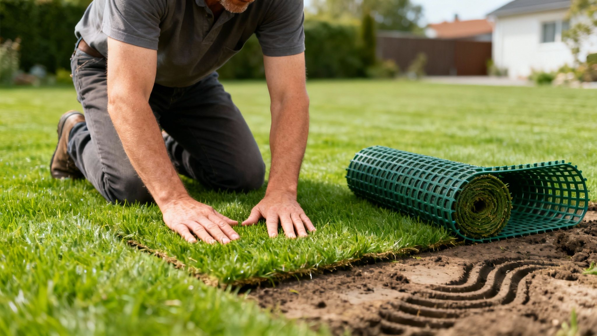 En mand lægger græsarmeringsnet på en græsplæne. Han glatter den nye græsplæne med hænderne ved siden af en rulle.